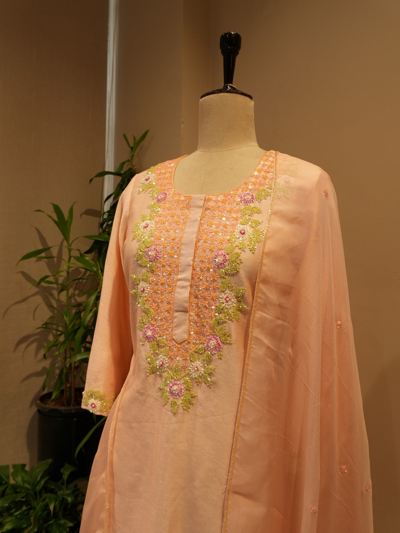 Peach embroidered kurta pants dupatta