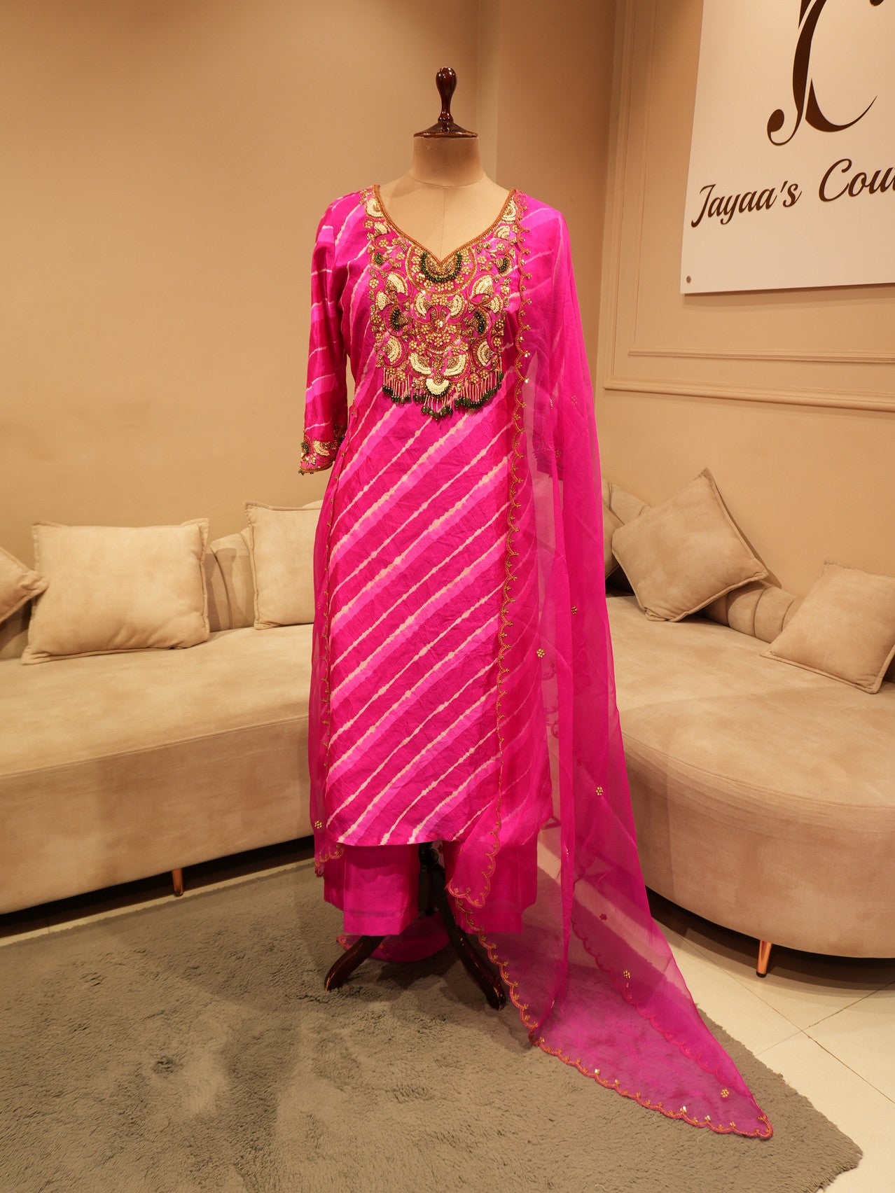 Hot pink leheriya kurta with pants and dupatta