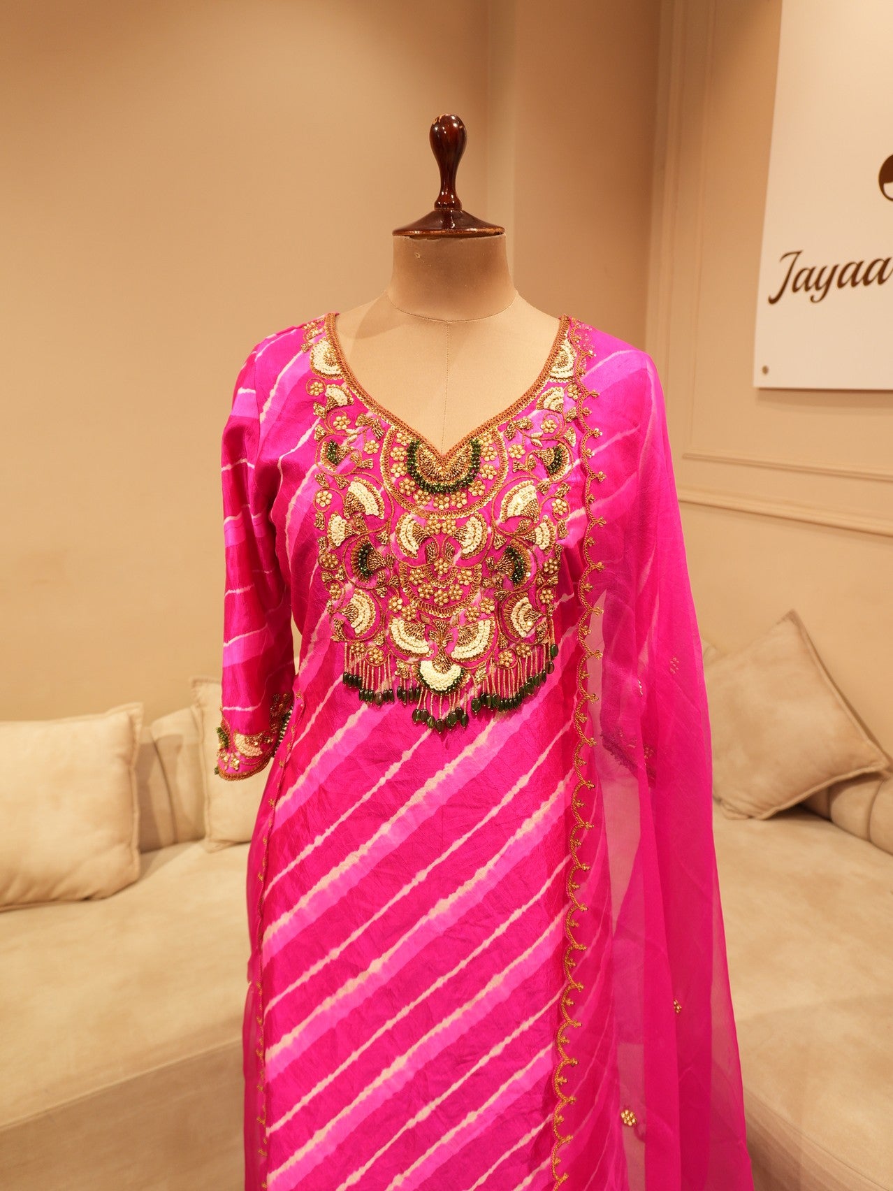 Hot pink leheriya kurta with pants and dupatta