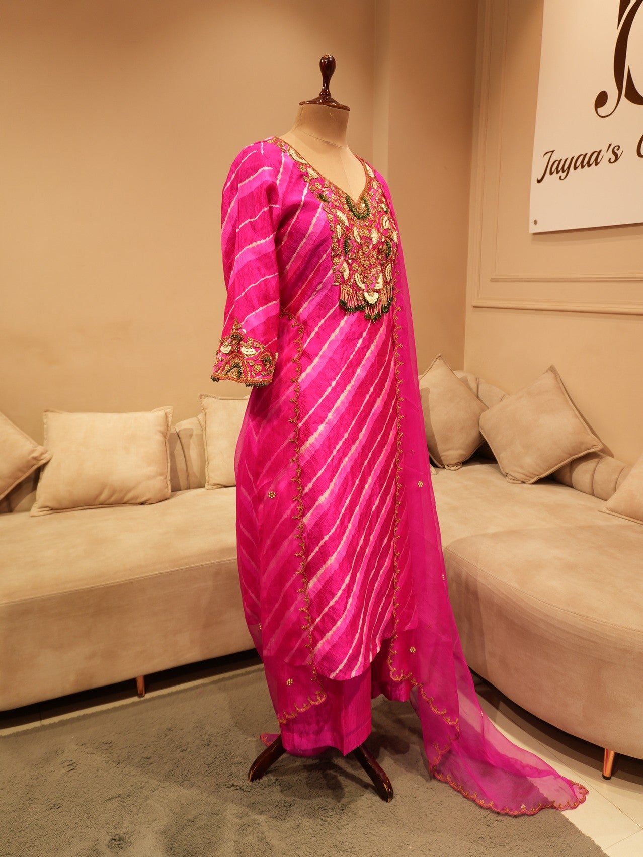 Hot pink leheriya kurta with pants and dupatta