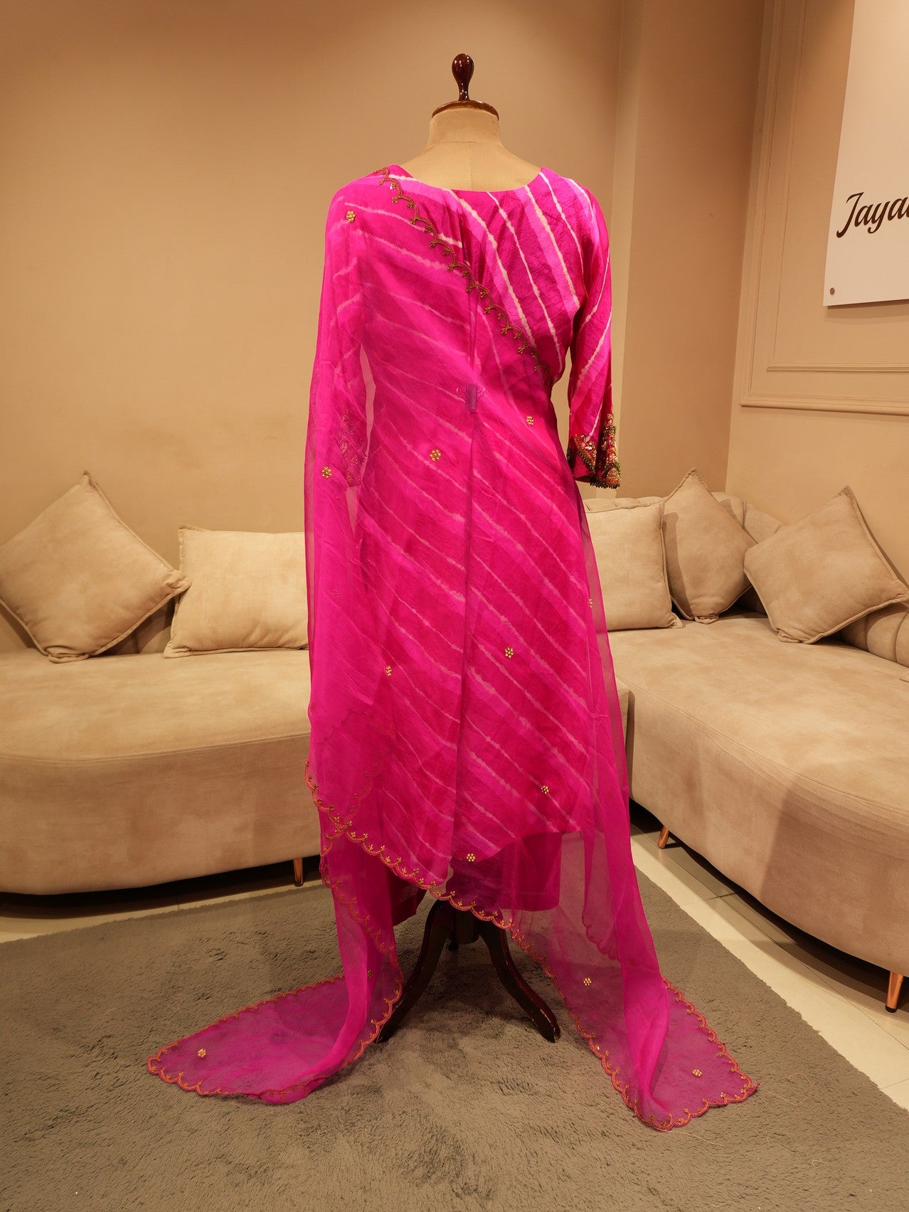 Hot pink leheriya kurta with pants and dupatta