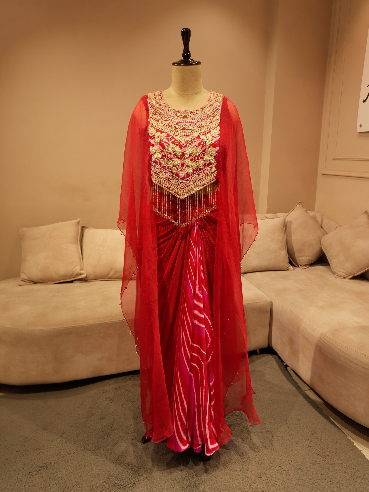 Red zardosi cape top with drape skirt