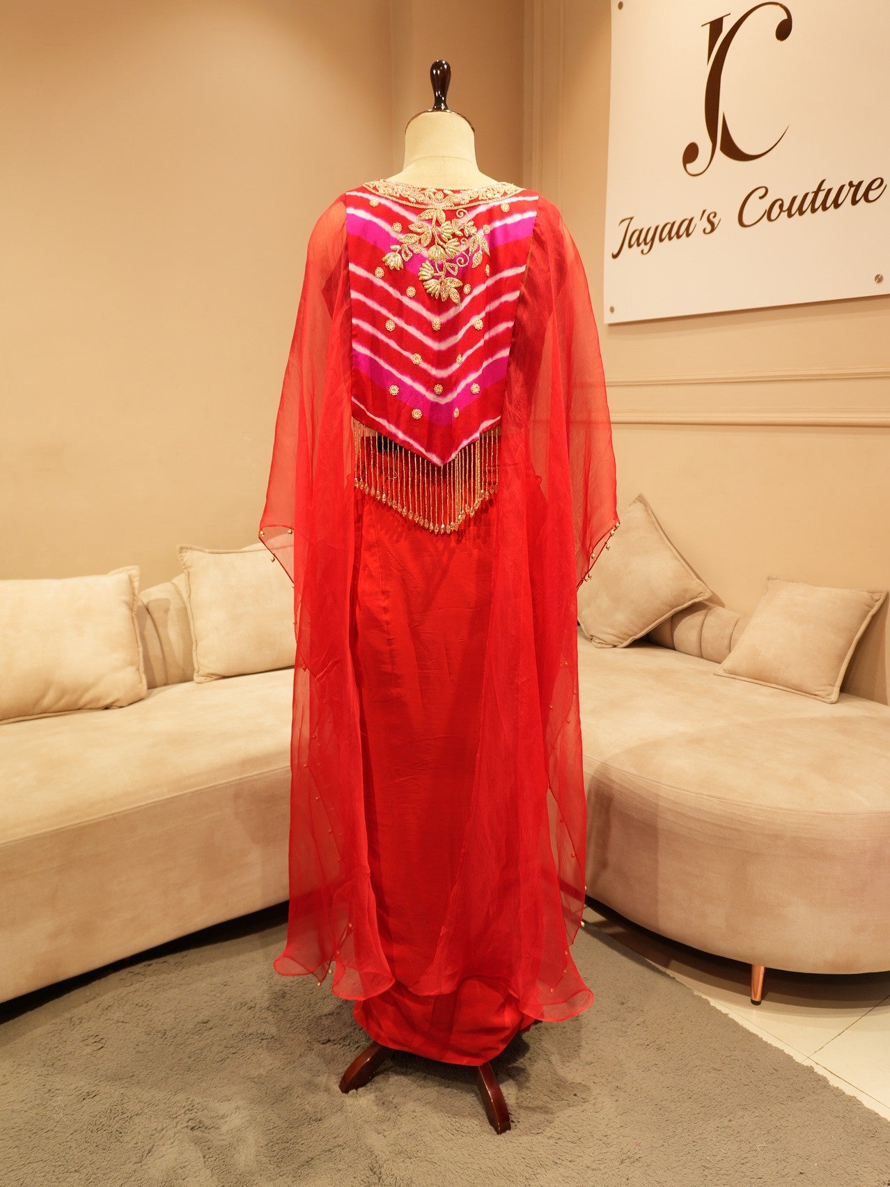 Red zardosi cape top with drape skirt