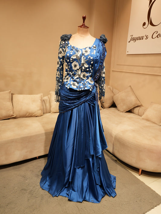 Royal blue crop top with drape skirt set