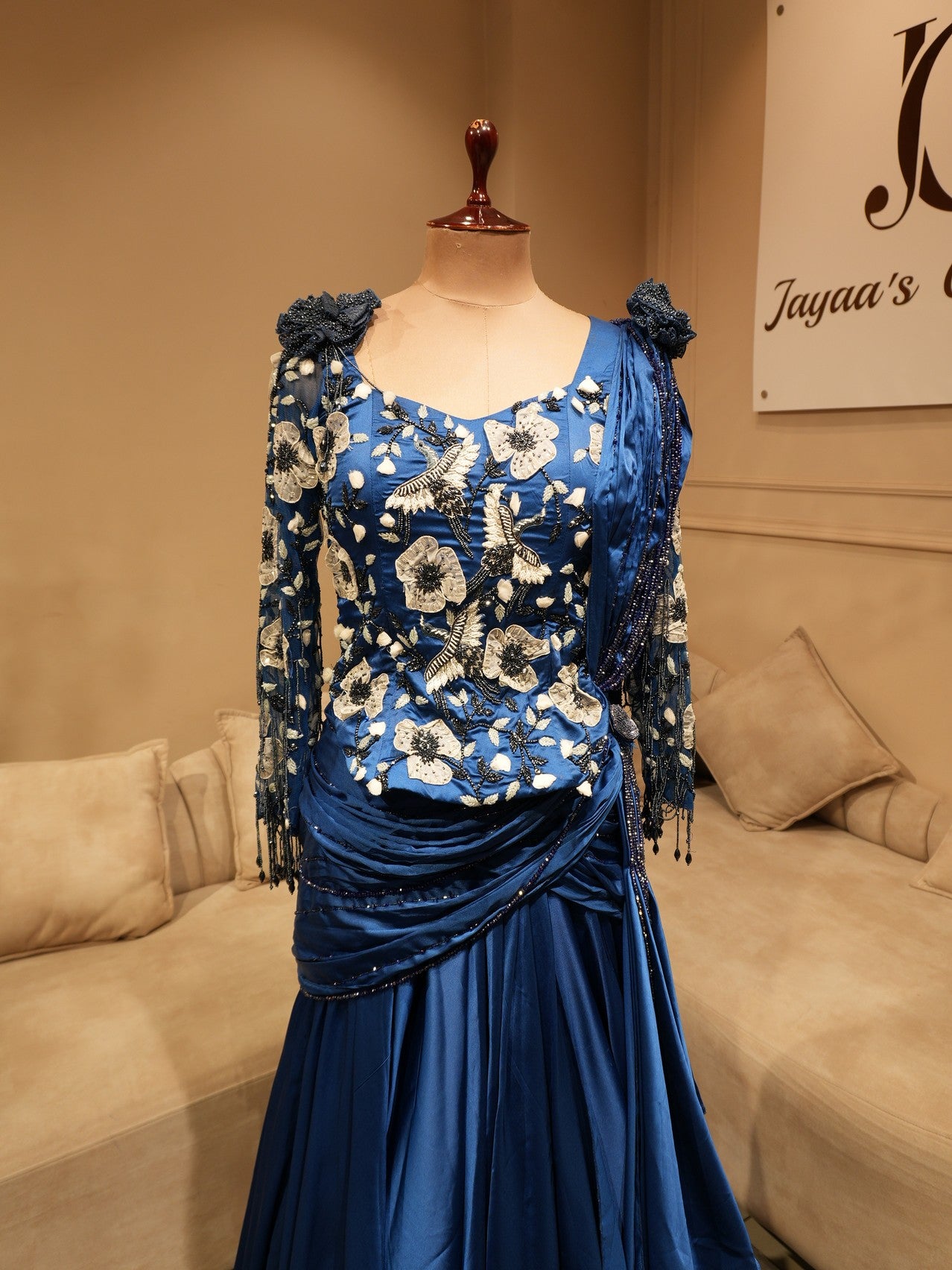 Royal blue crop top with drape skirt set