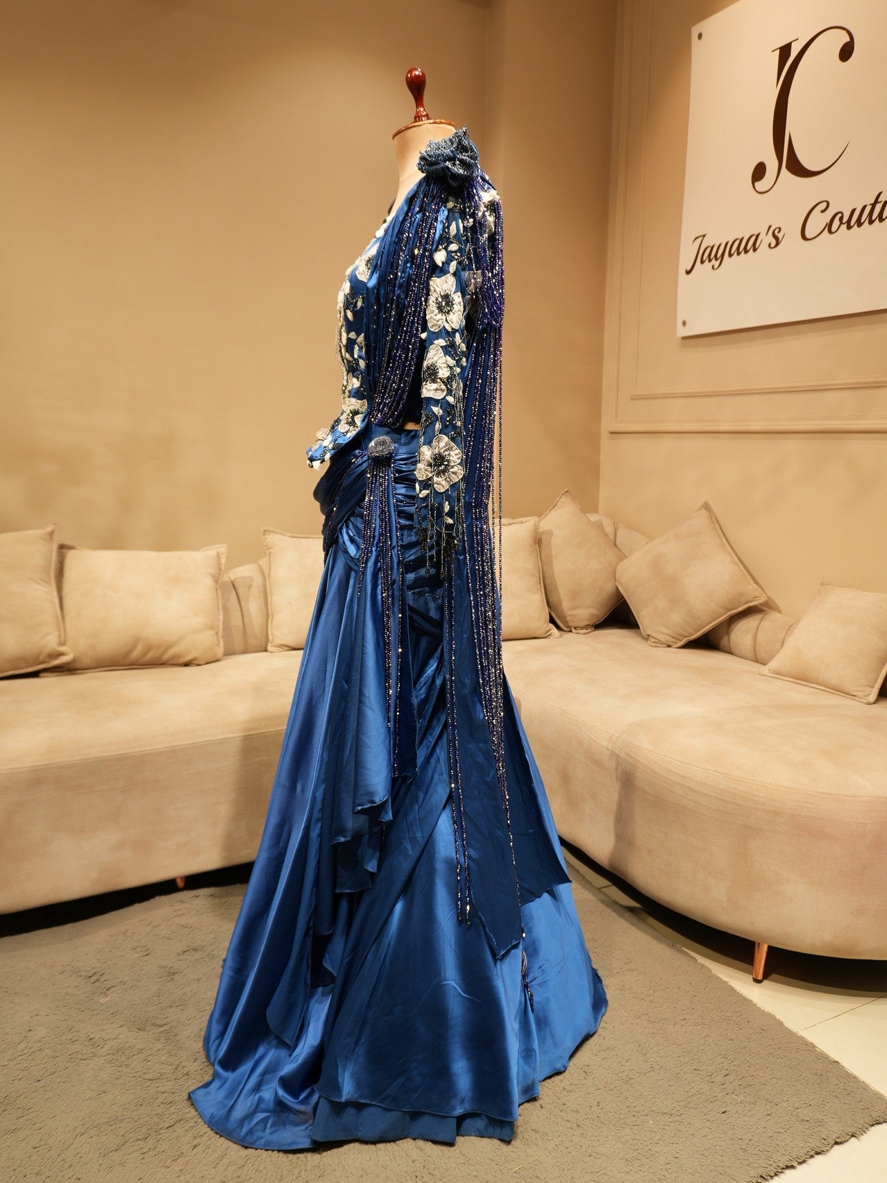 Royal blue crop top with drape skirt set