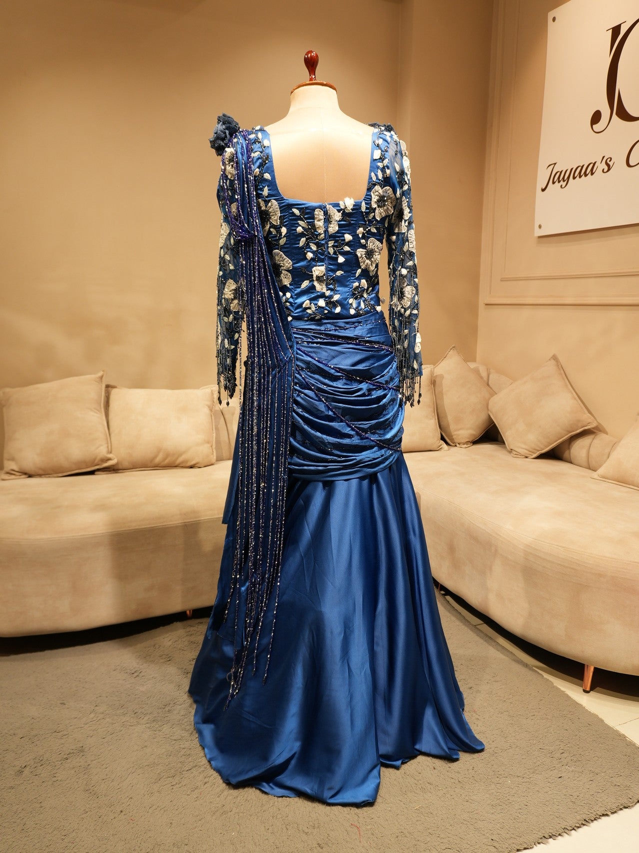 Royal blue crop top with drape skirt set