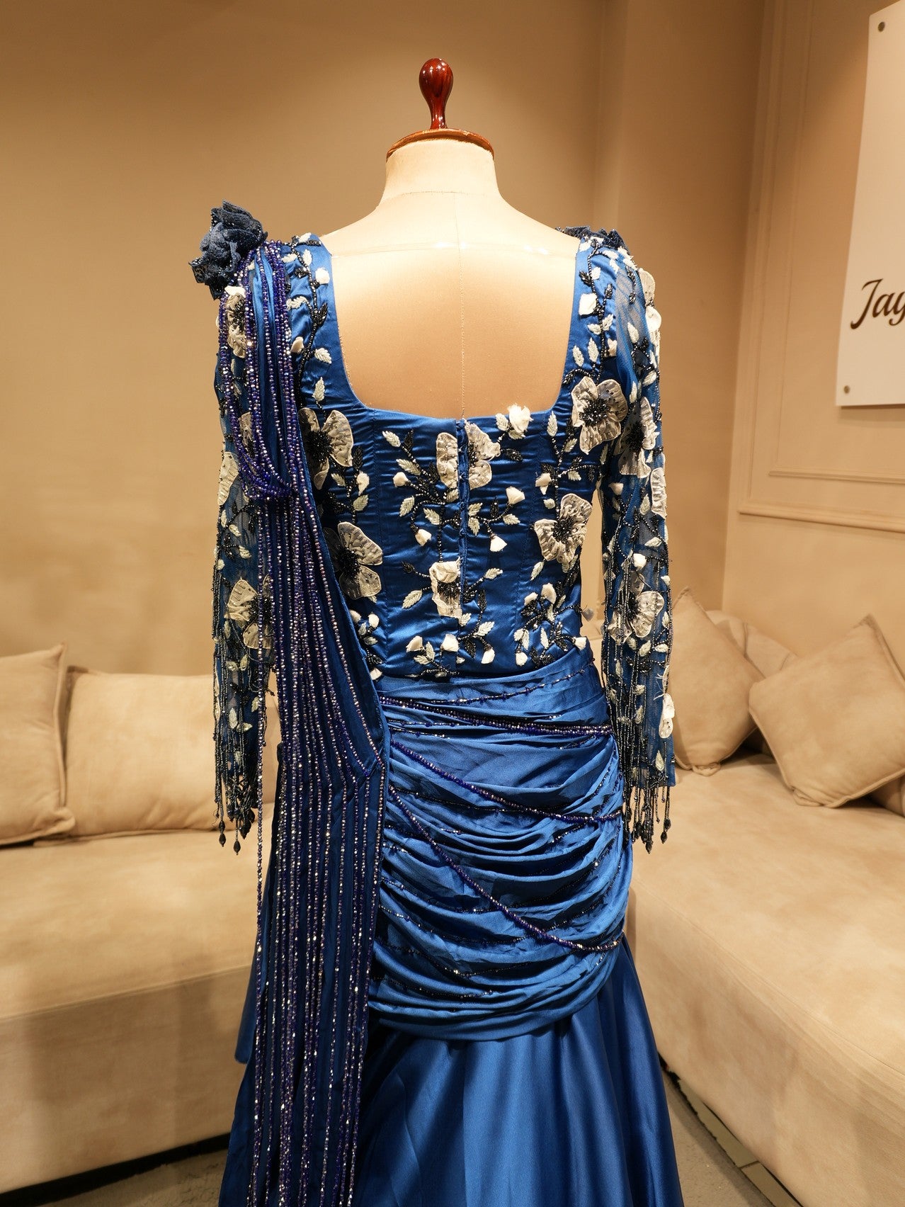 Royal blue crop top with drape skirt set