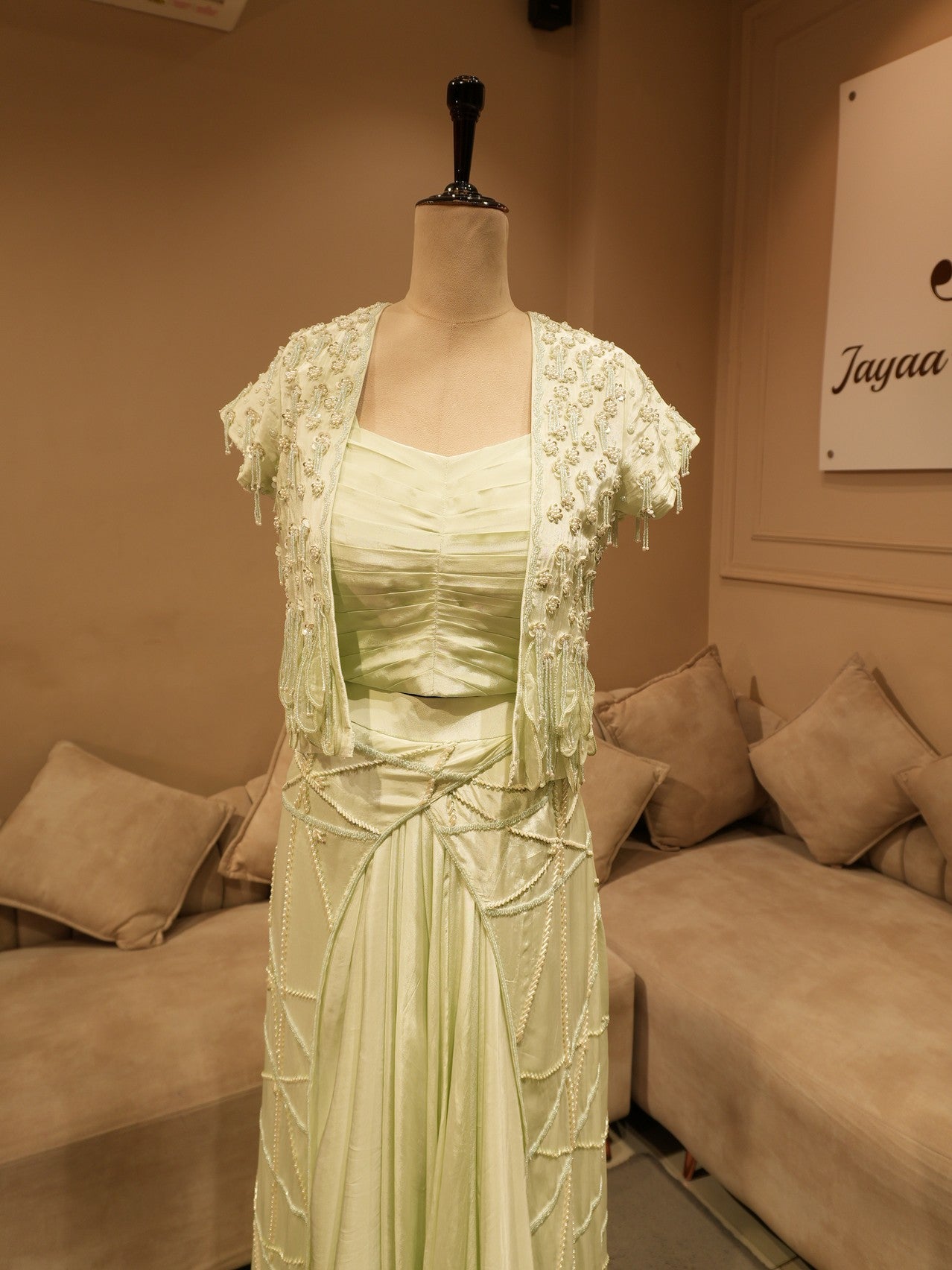 Mint green cape with crop top skirt