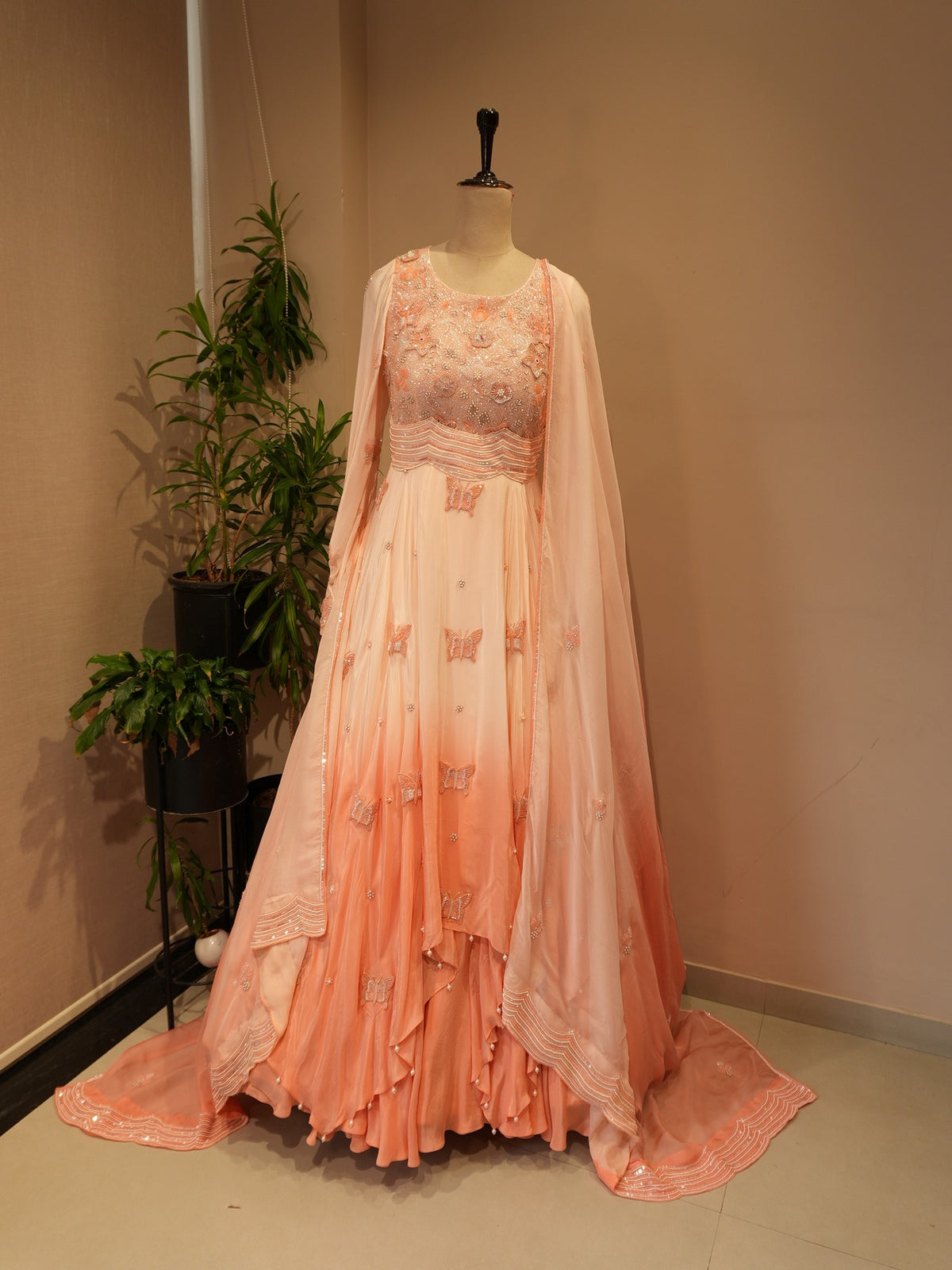 Rose gold peach shaded gown with dupatta