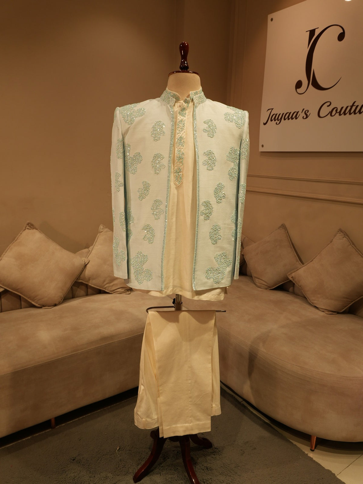 Powder blue embroidered mens indo western