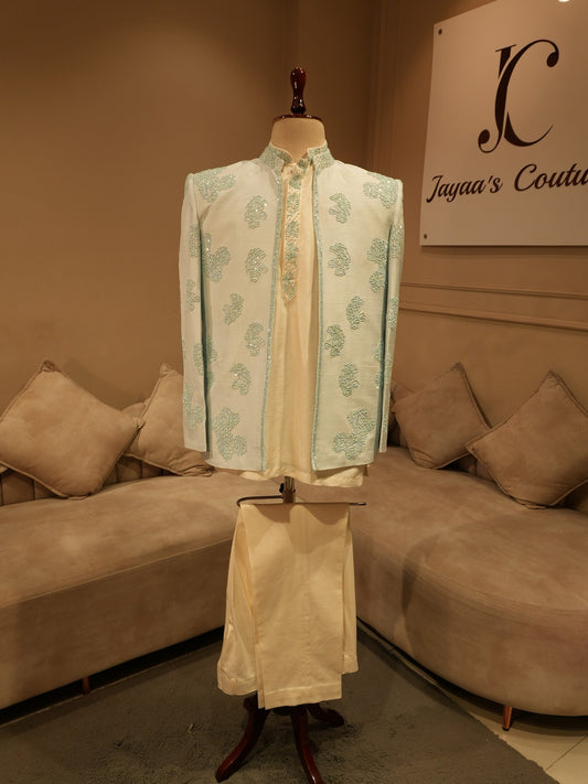 Powder blue embroidered mens indo western