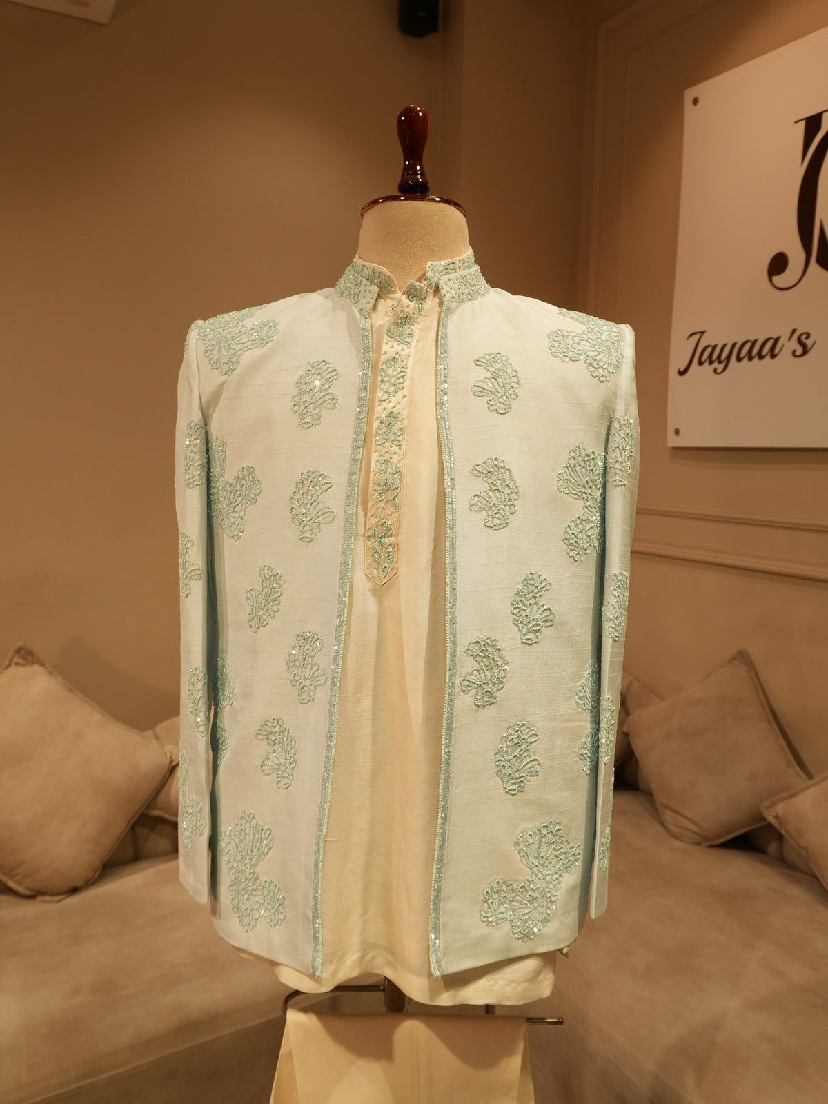 Powder blue embroidered mens indo western