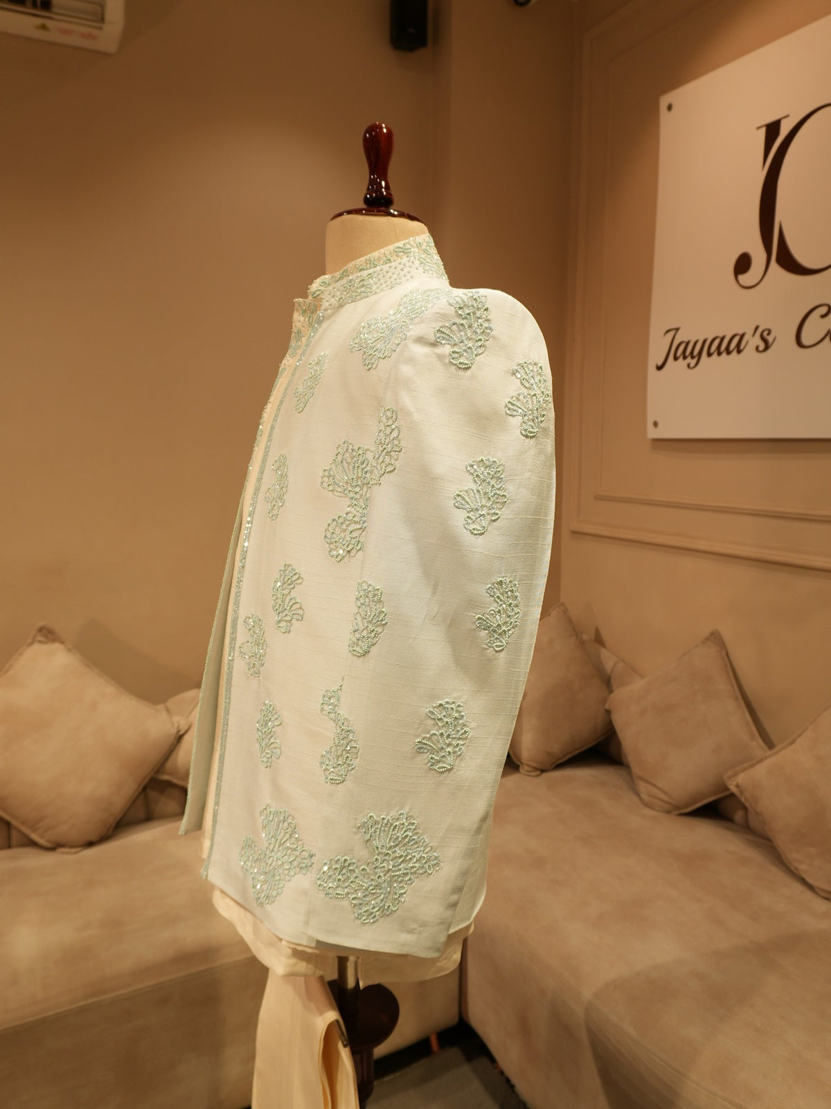 Powder blue embroidered mens indo western