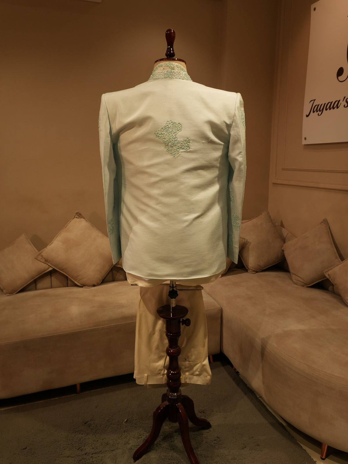 Powder blue embroidered mens indo western