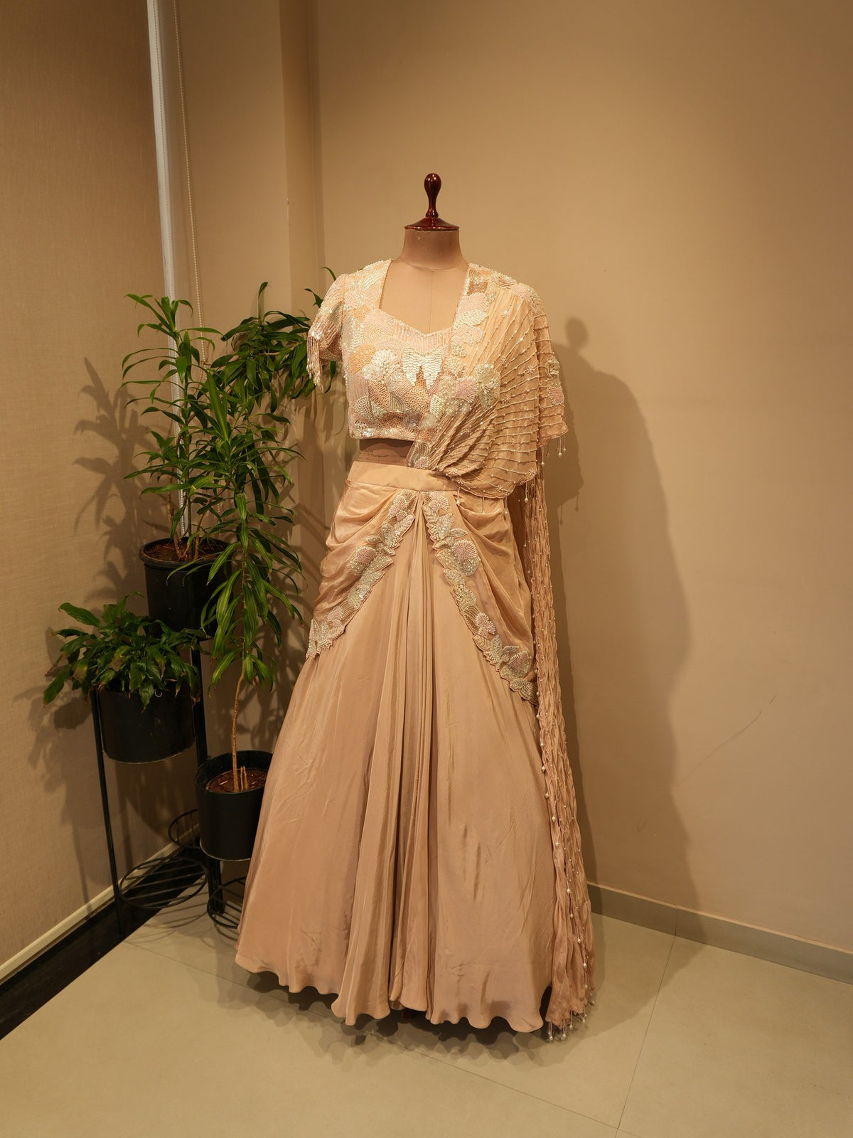 Champagne gold drape lehenga set