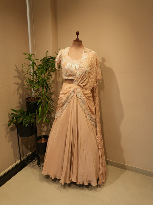 Champagne gold drape lehenga set