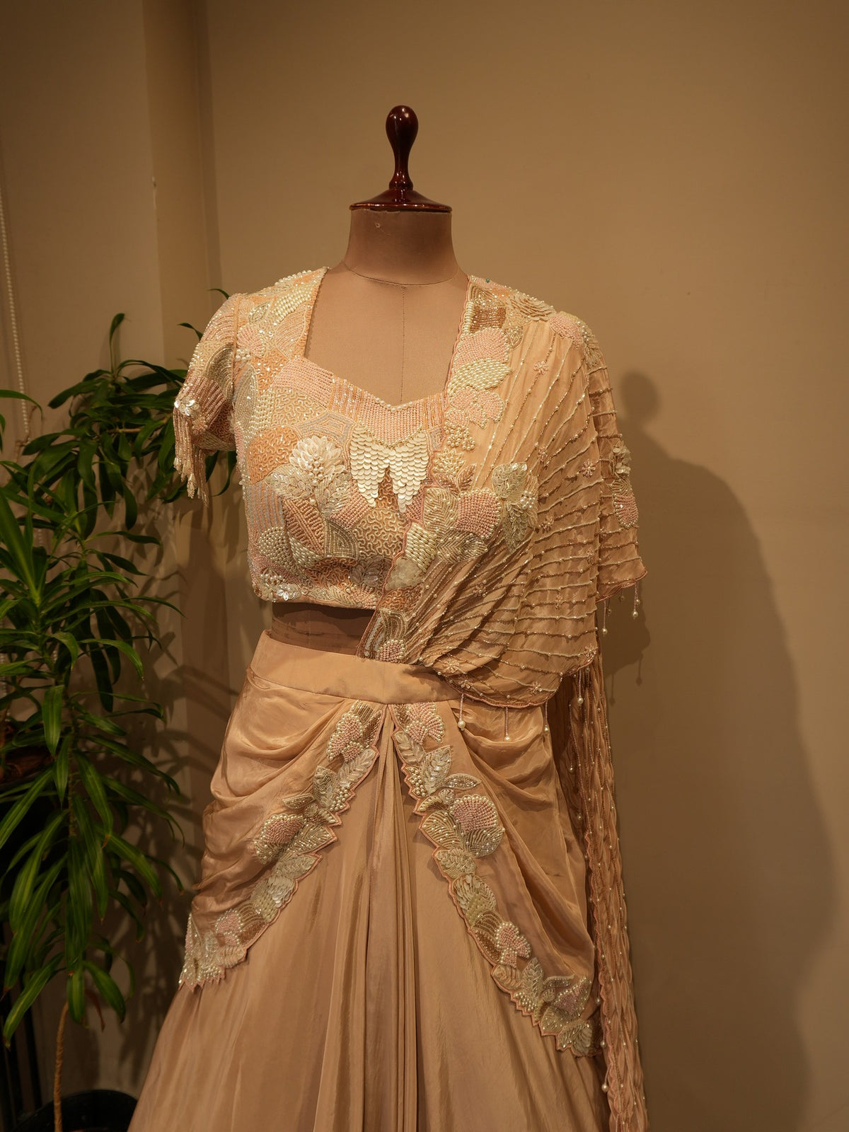 Champagne gold drape lehenga set