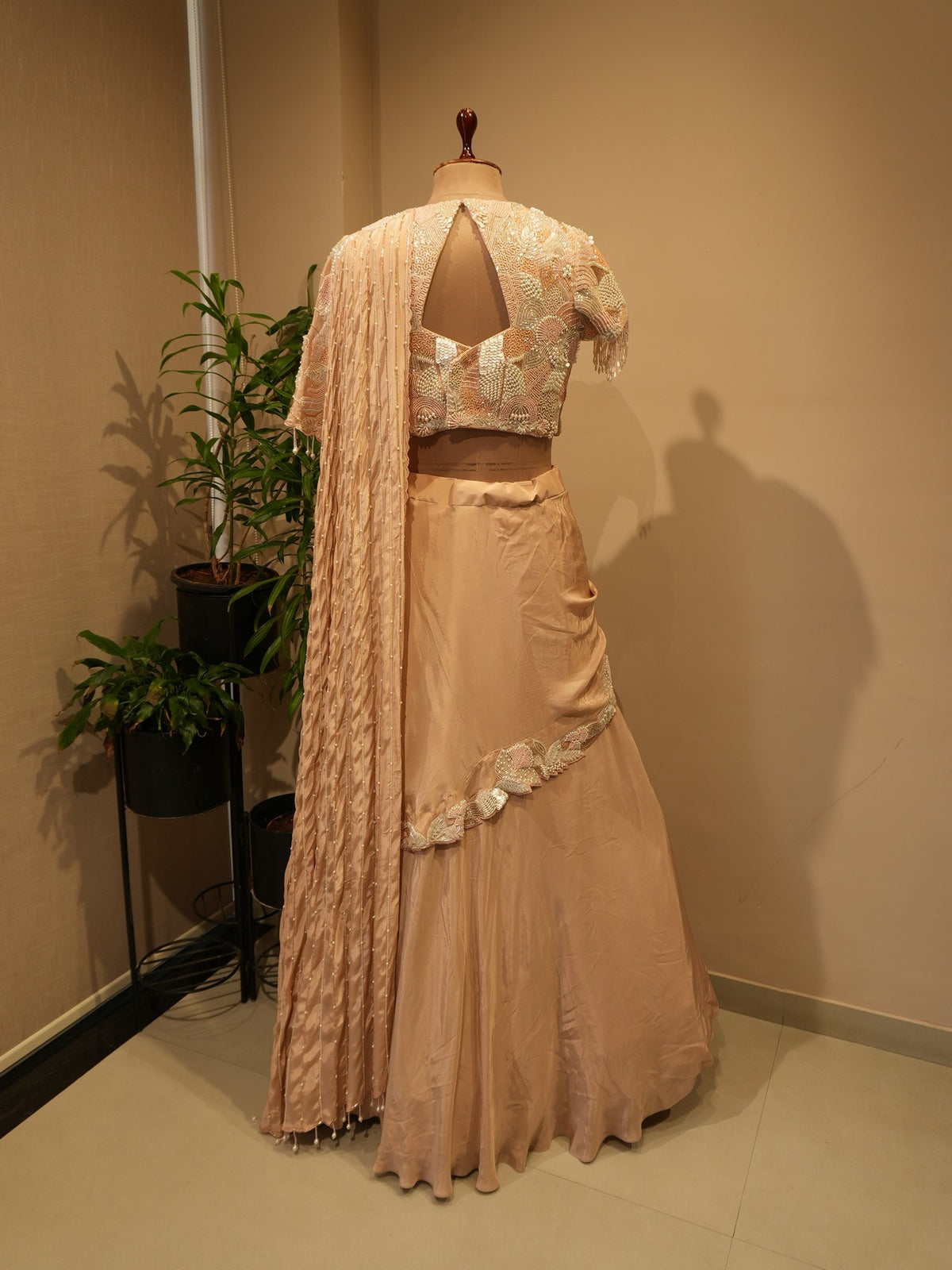 Champagne gold drape lehenga set