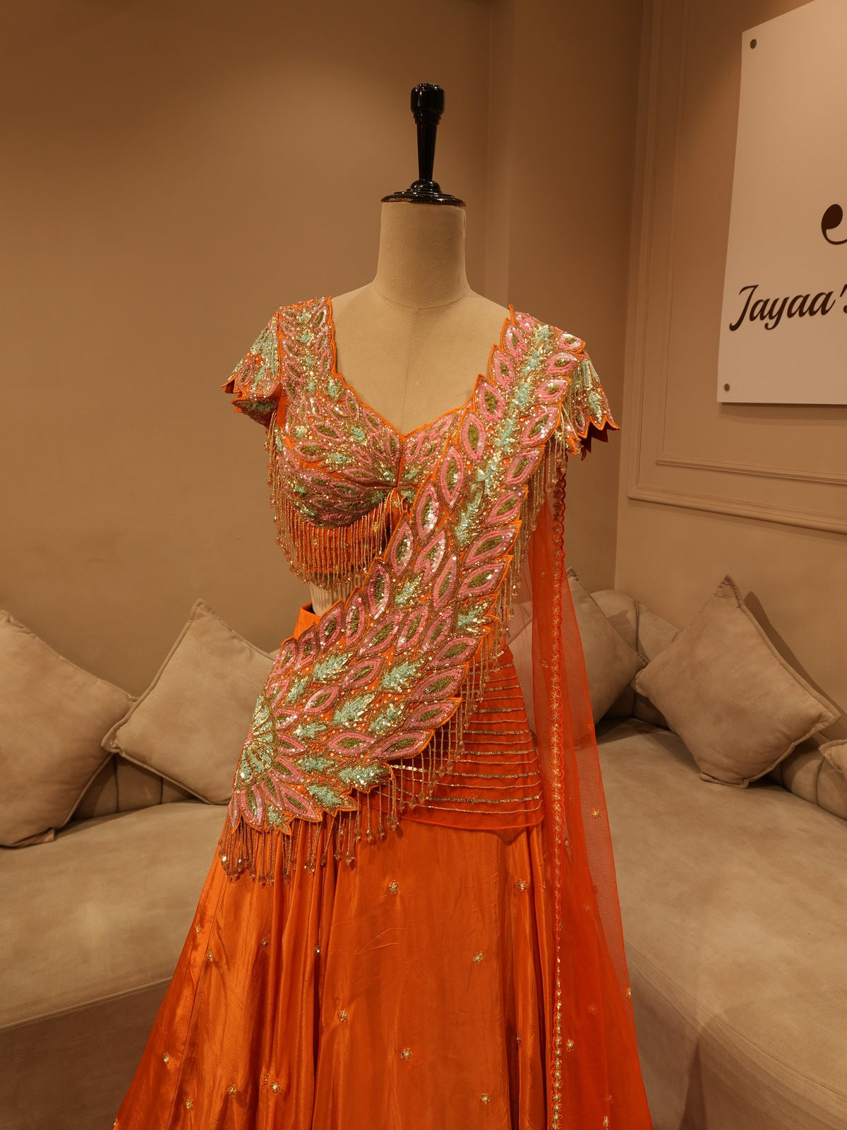 Rust orange embroidered drape lehenga set