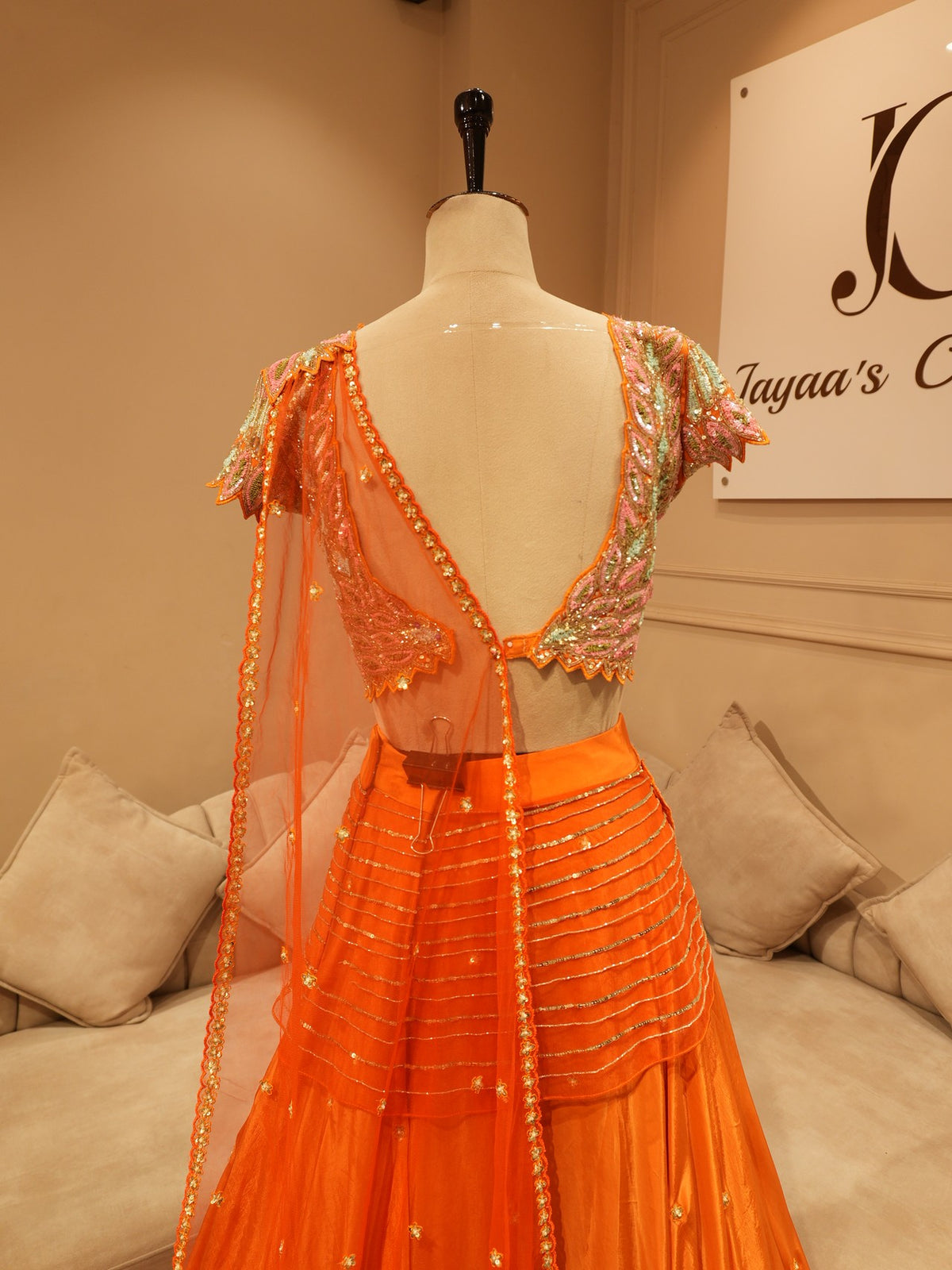 Rust orange embroidered drape lehenga set