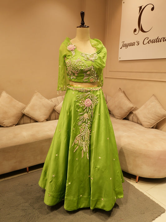 Parrot green drape crop top skirt