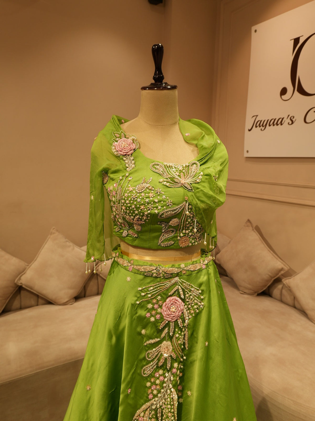 Parrot green drape crop top skirt