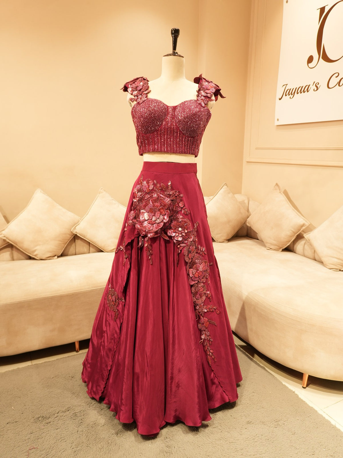Deep maroon drape crop top skirt