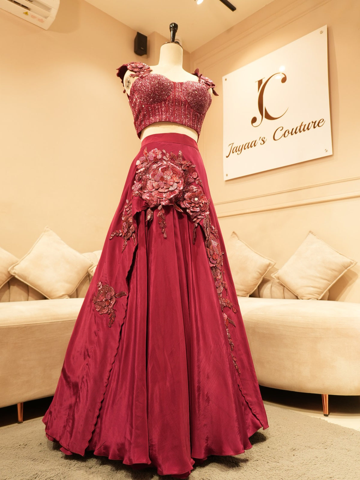 Deep maroon drape crop top skirt