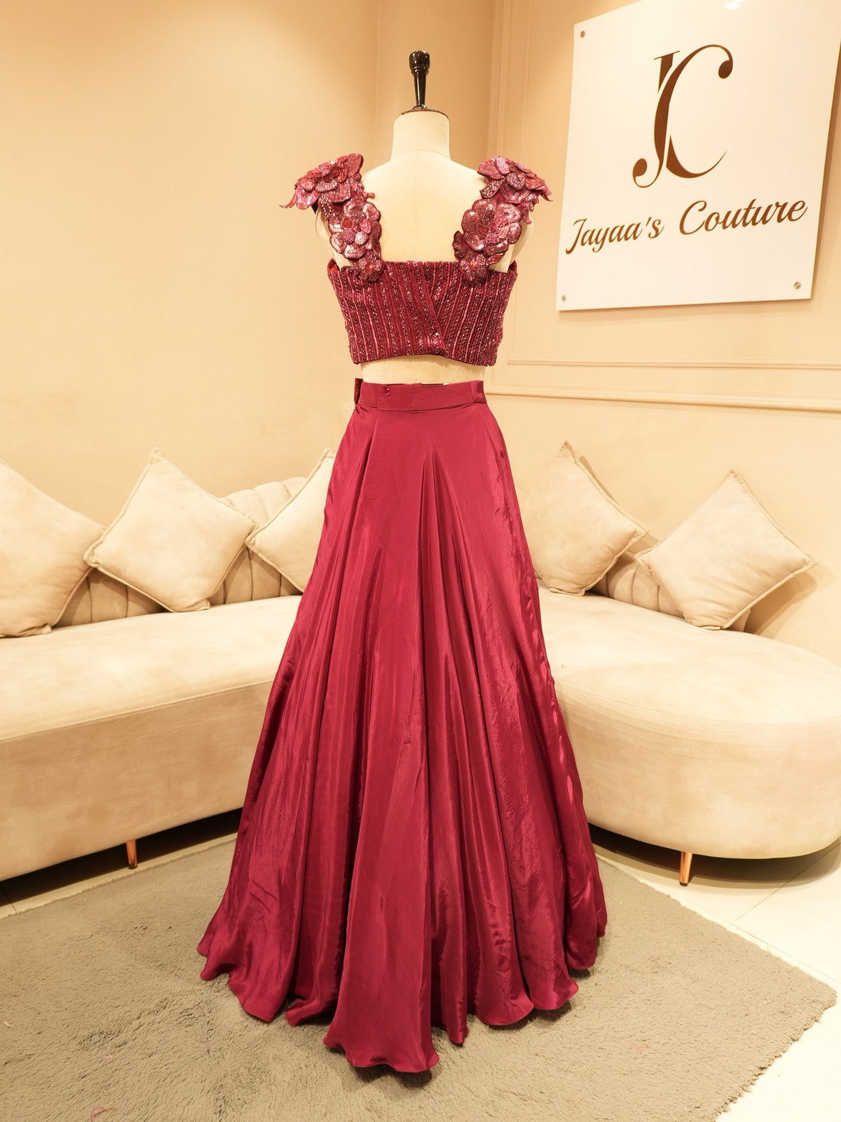 Deep maroon drape crop top skirt