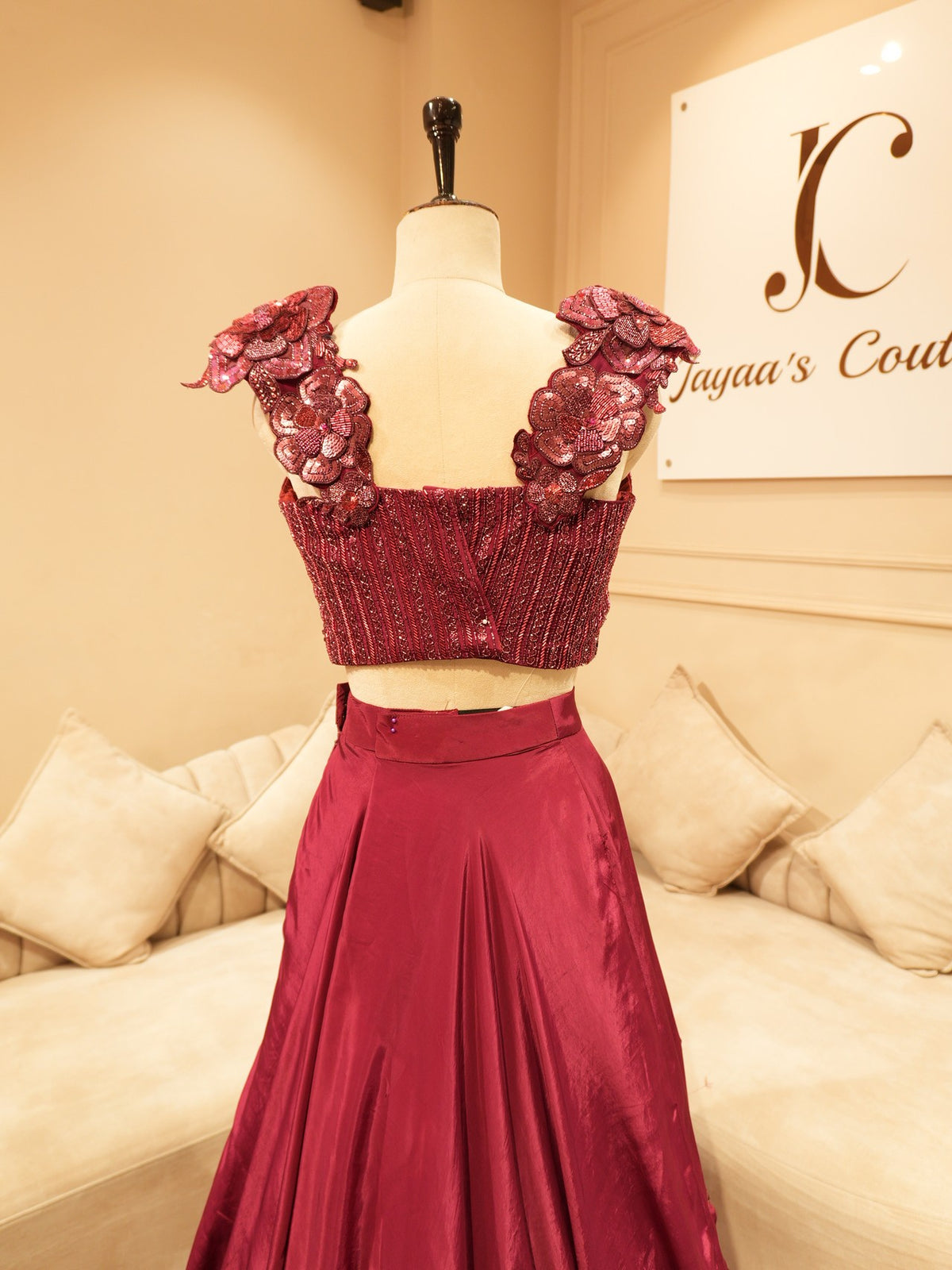 Deep maroon drape crop top skirt
