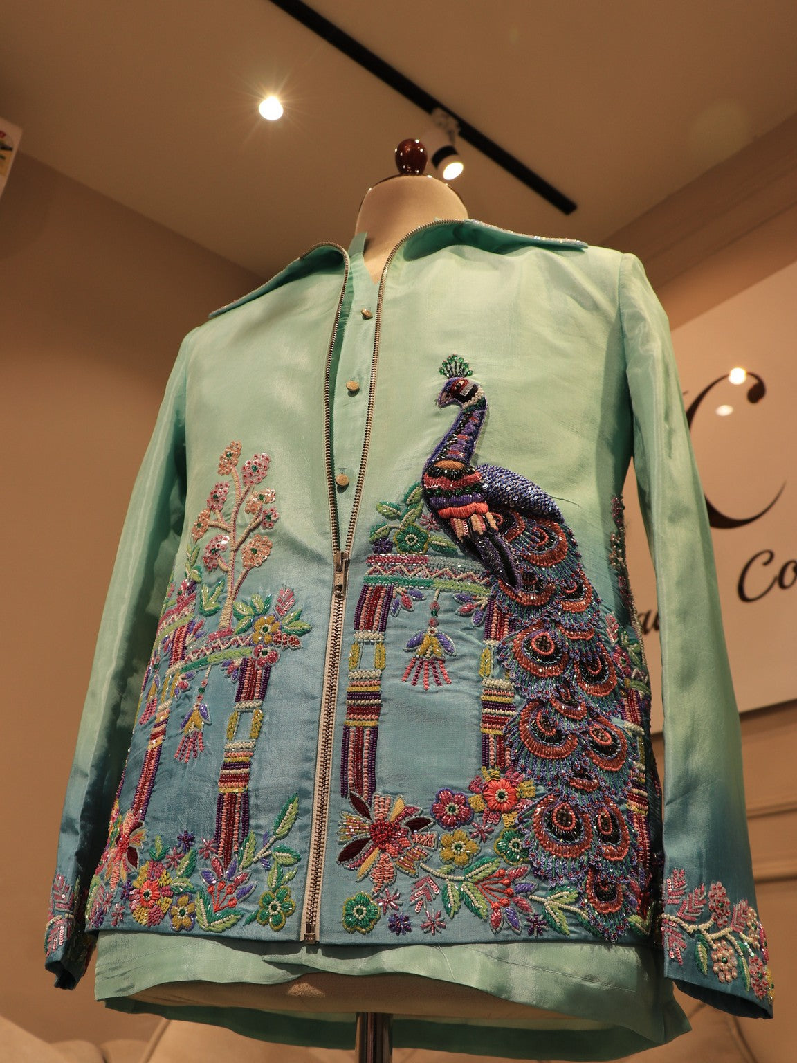 Sea green shaded peacock mens bomber jacket with pants