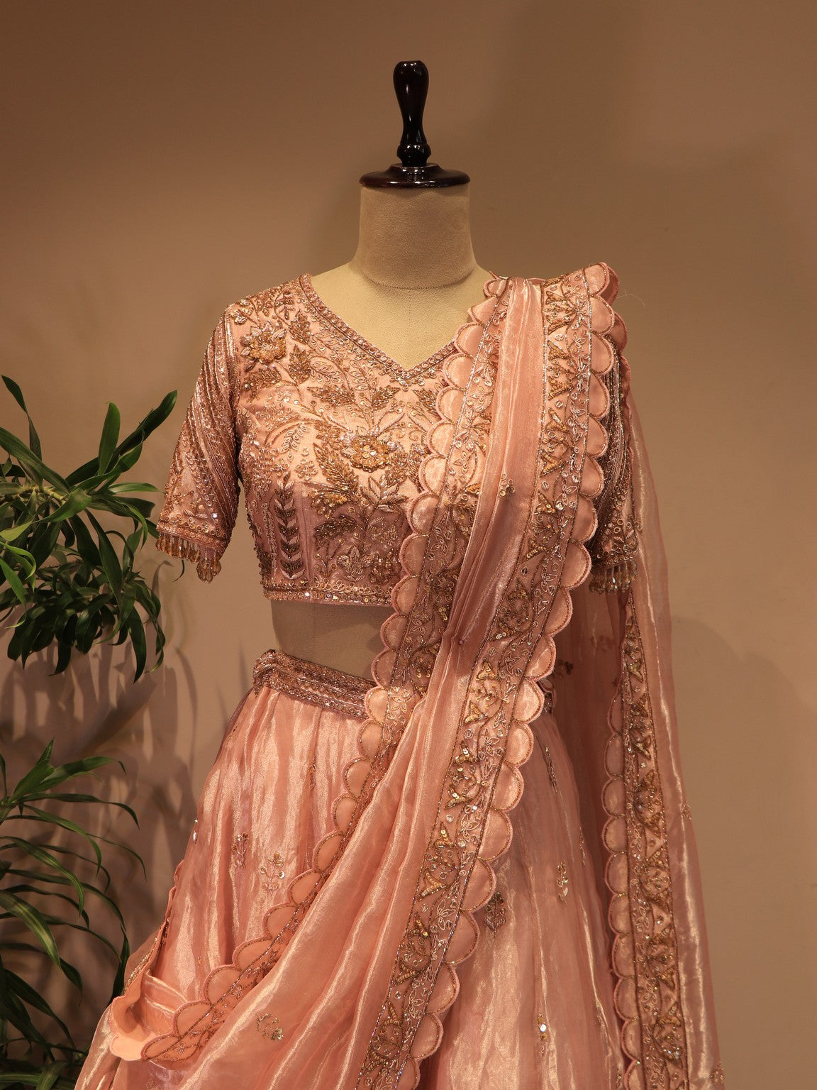 Pink tissue embroidered lehenga set
