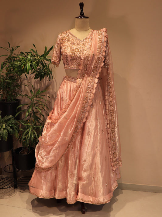 Pink tissue embroidered lehenga set