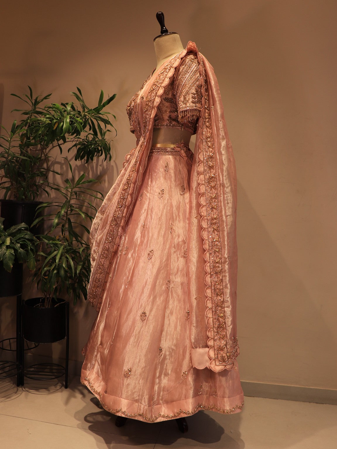 Pink tissue embroidered lehenga set