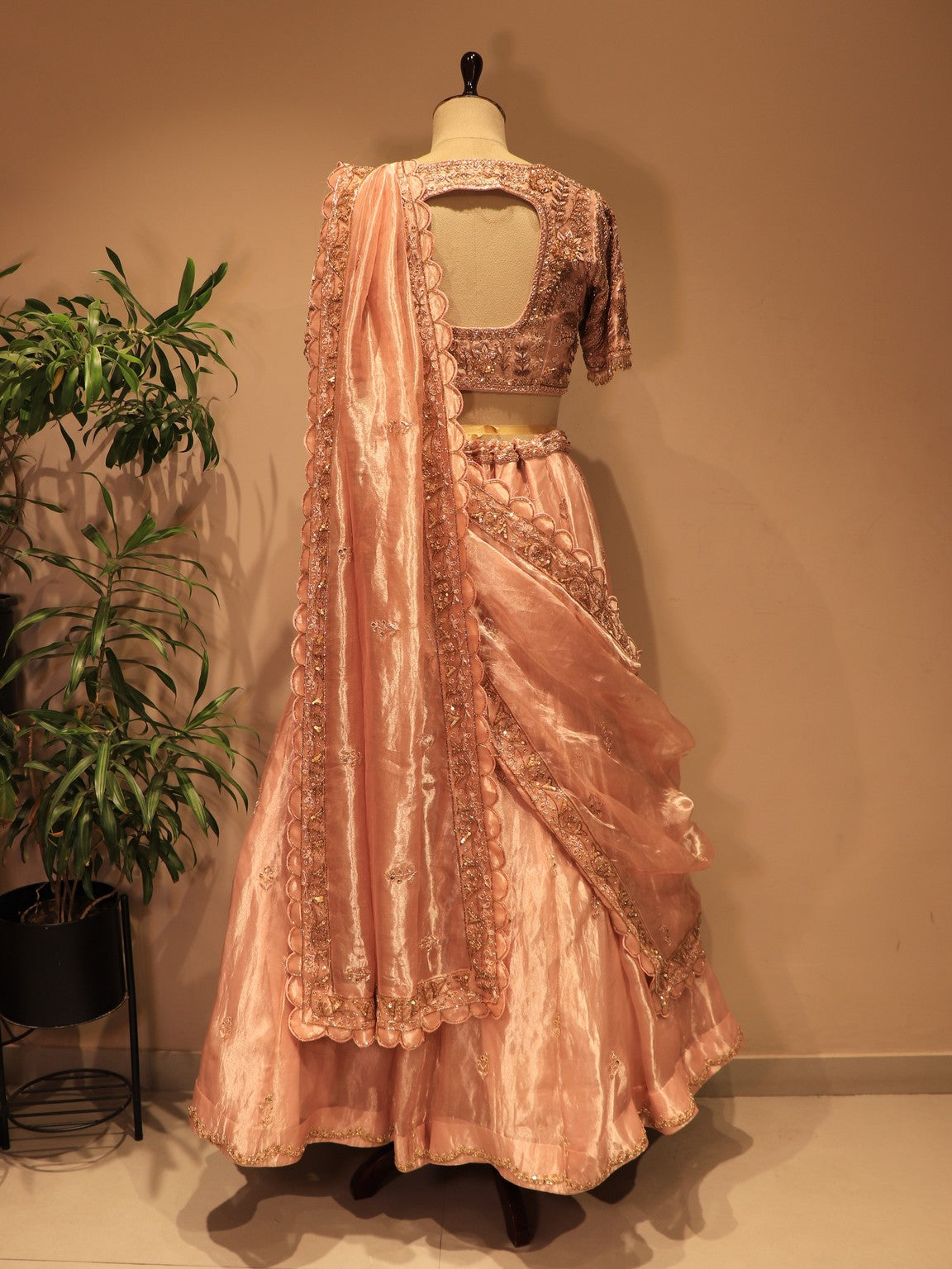 Pink tissue embroidered lehenga set