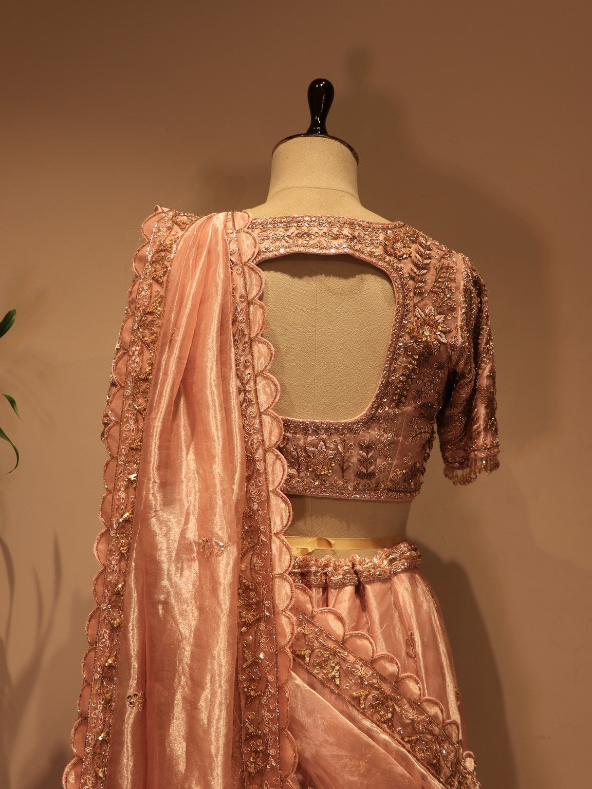 Pink tissue embroidered lehenga set