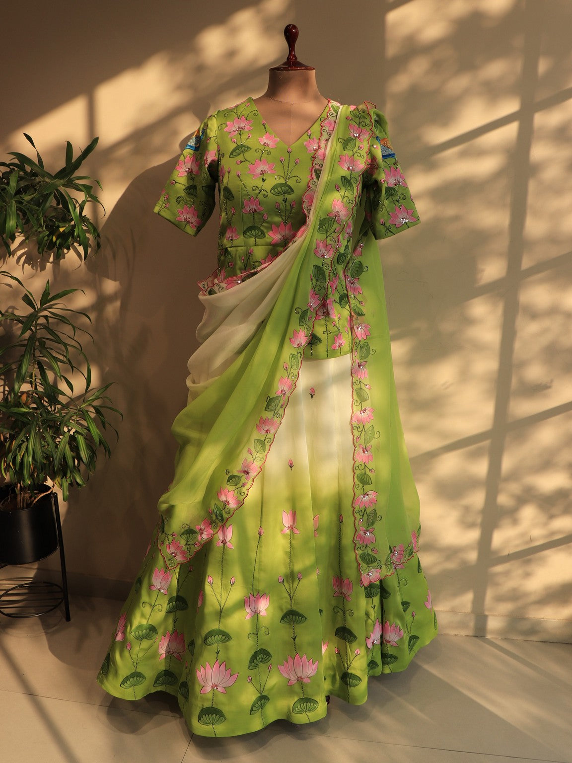 Parrot green pichwai hand painted lehenga set