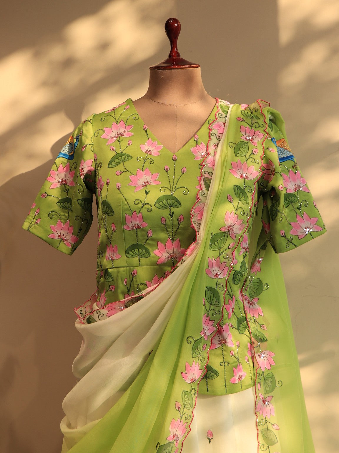 Parrot green pichwai hand painted lehenga set