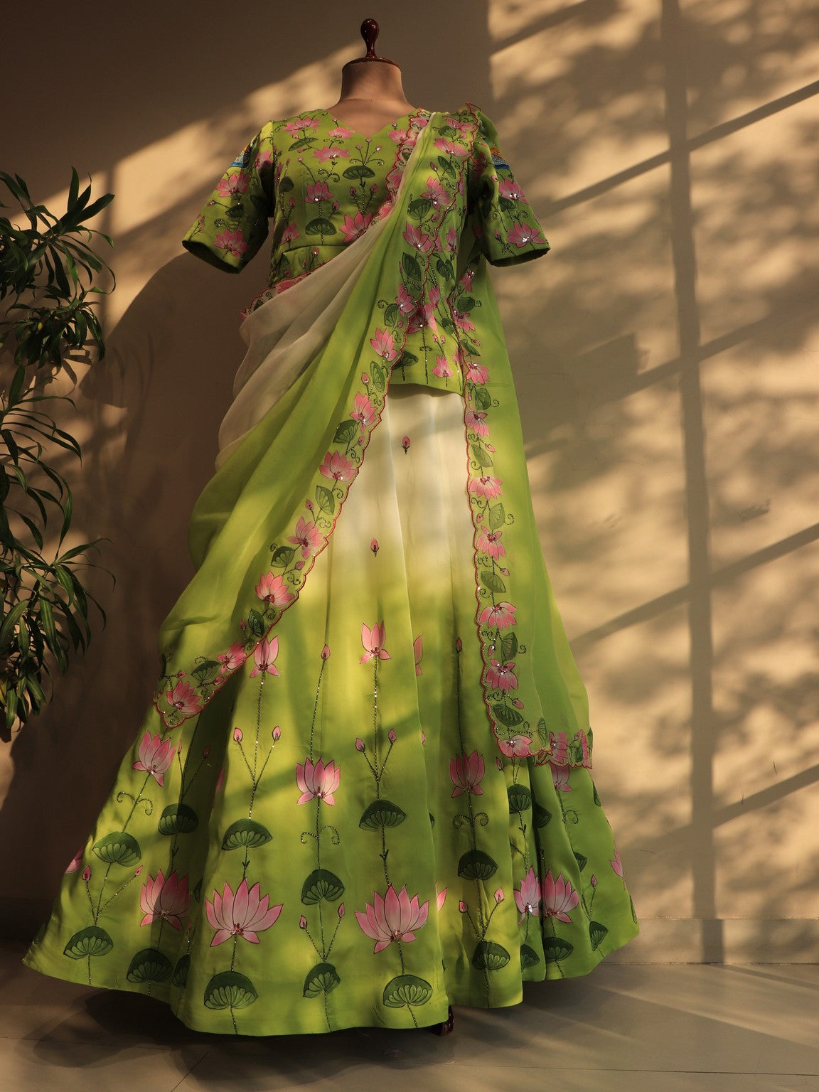 Parrot green pichwai hand painted lehenga set