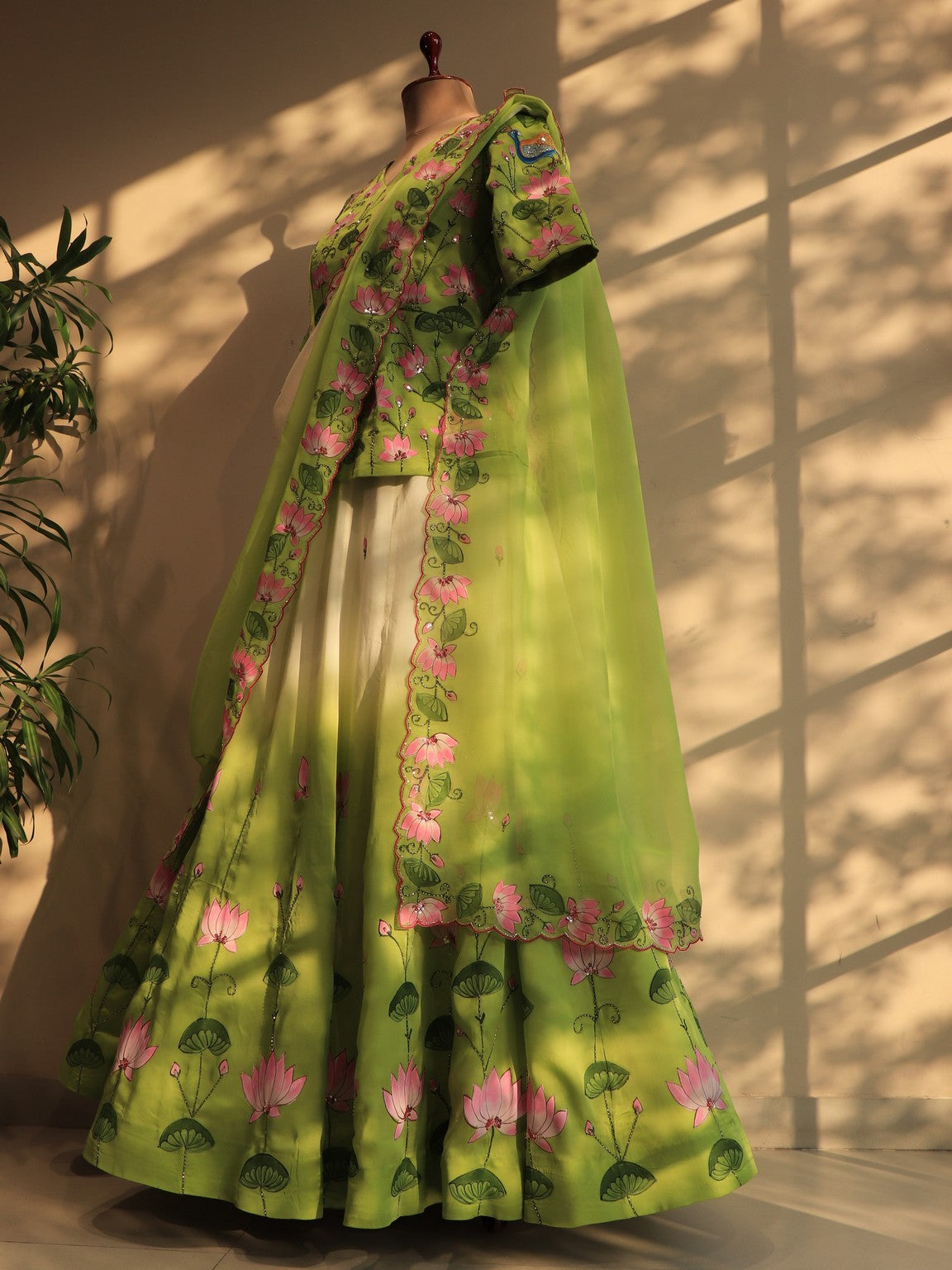 Parrot green pichwai hand painted lehenga set