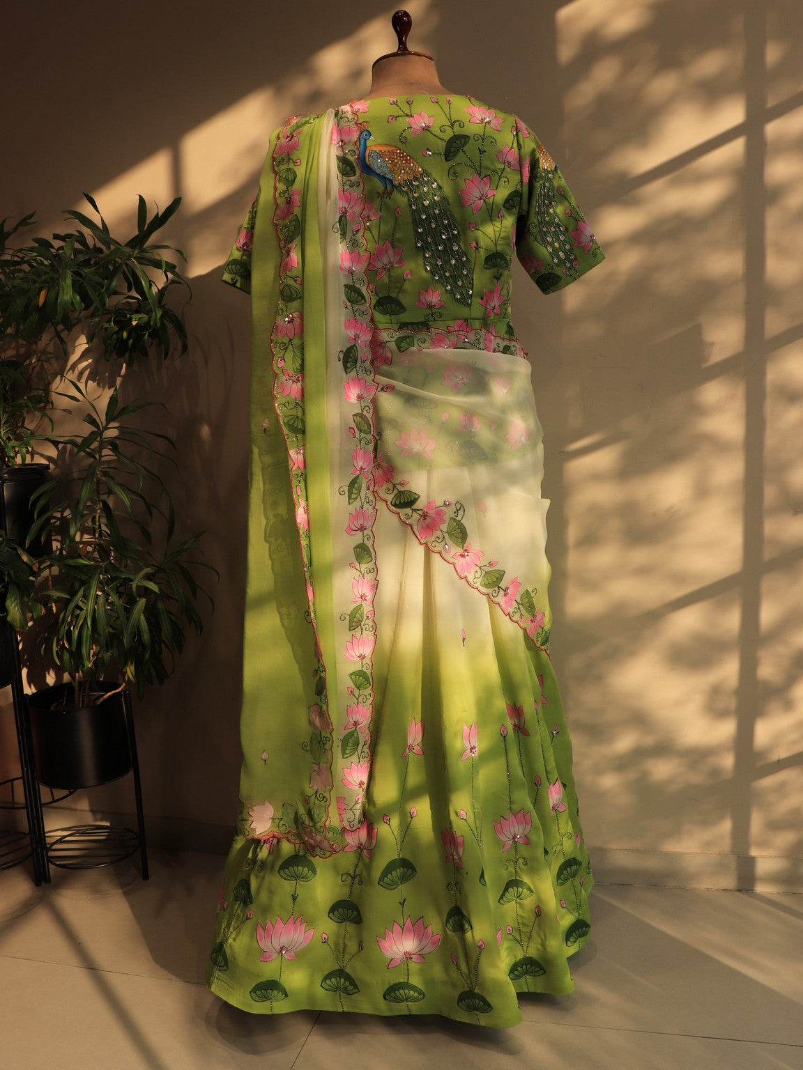 Parrot green pichwai hand painted lehenga set