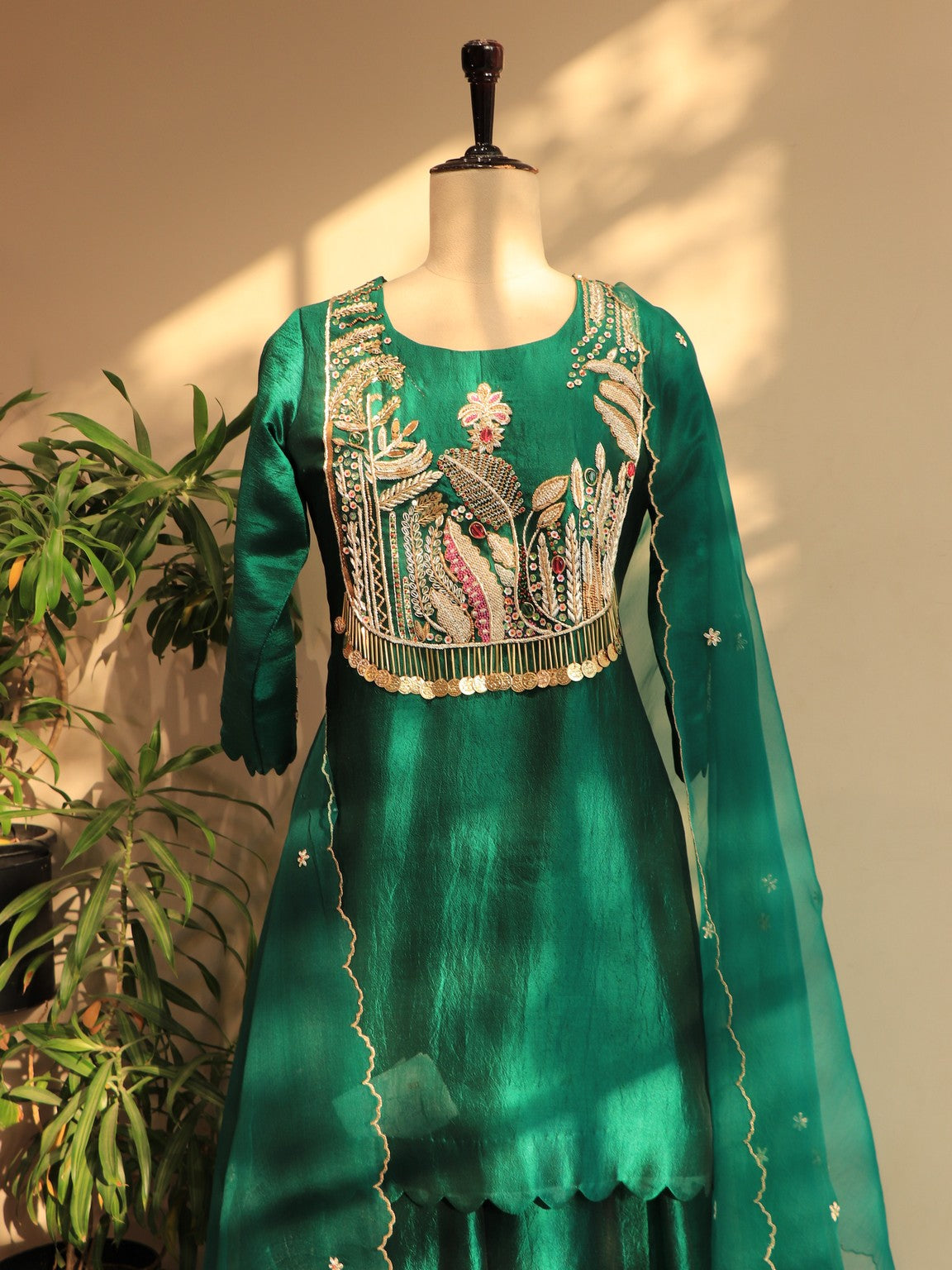 Bottle green embroidered kurta plazo dupatta