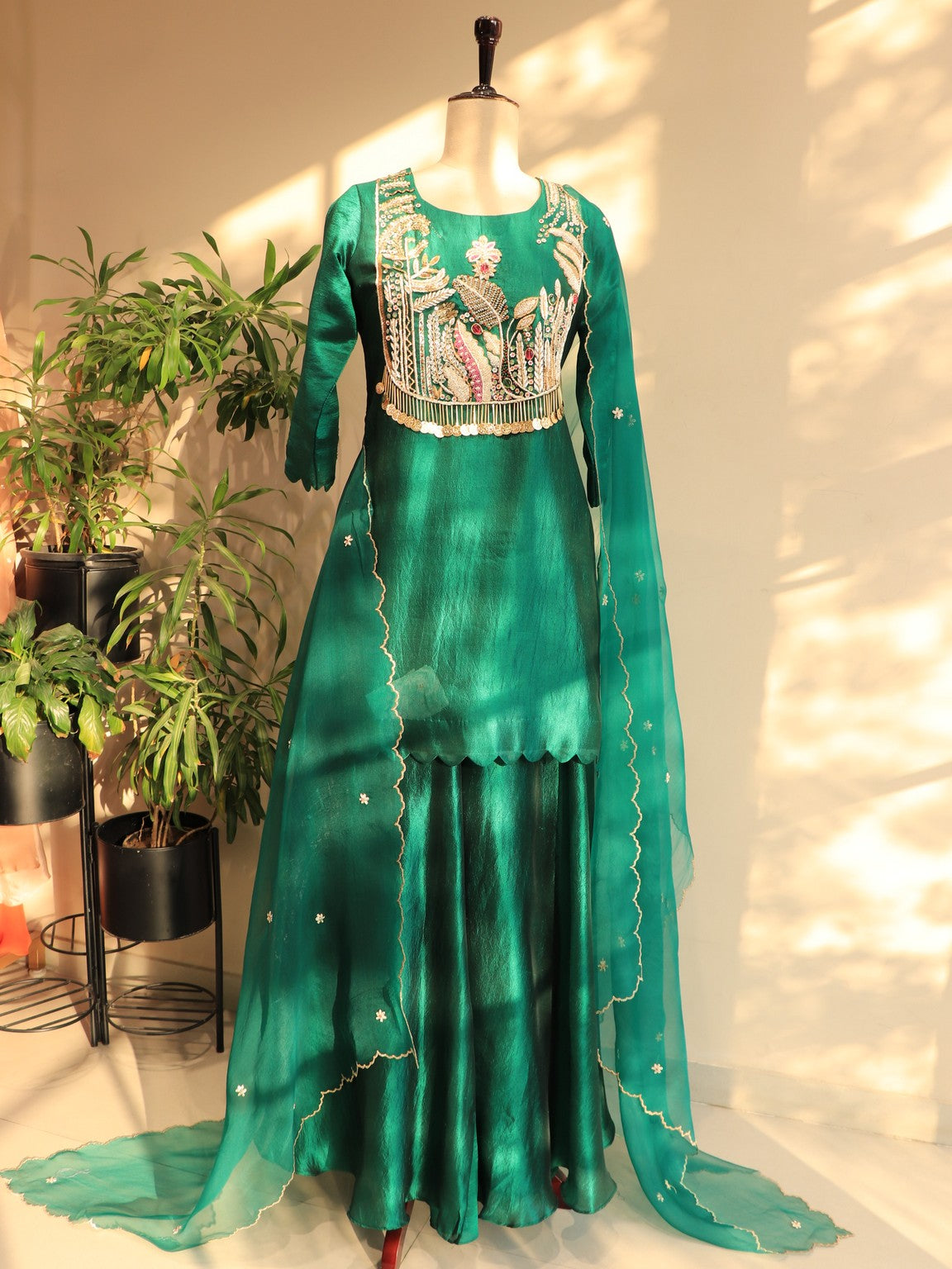 Bottle green embroidered kurta plazo dupatta