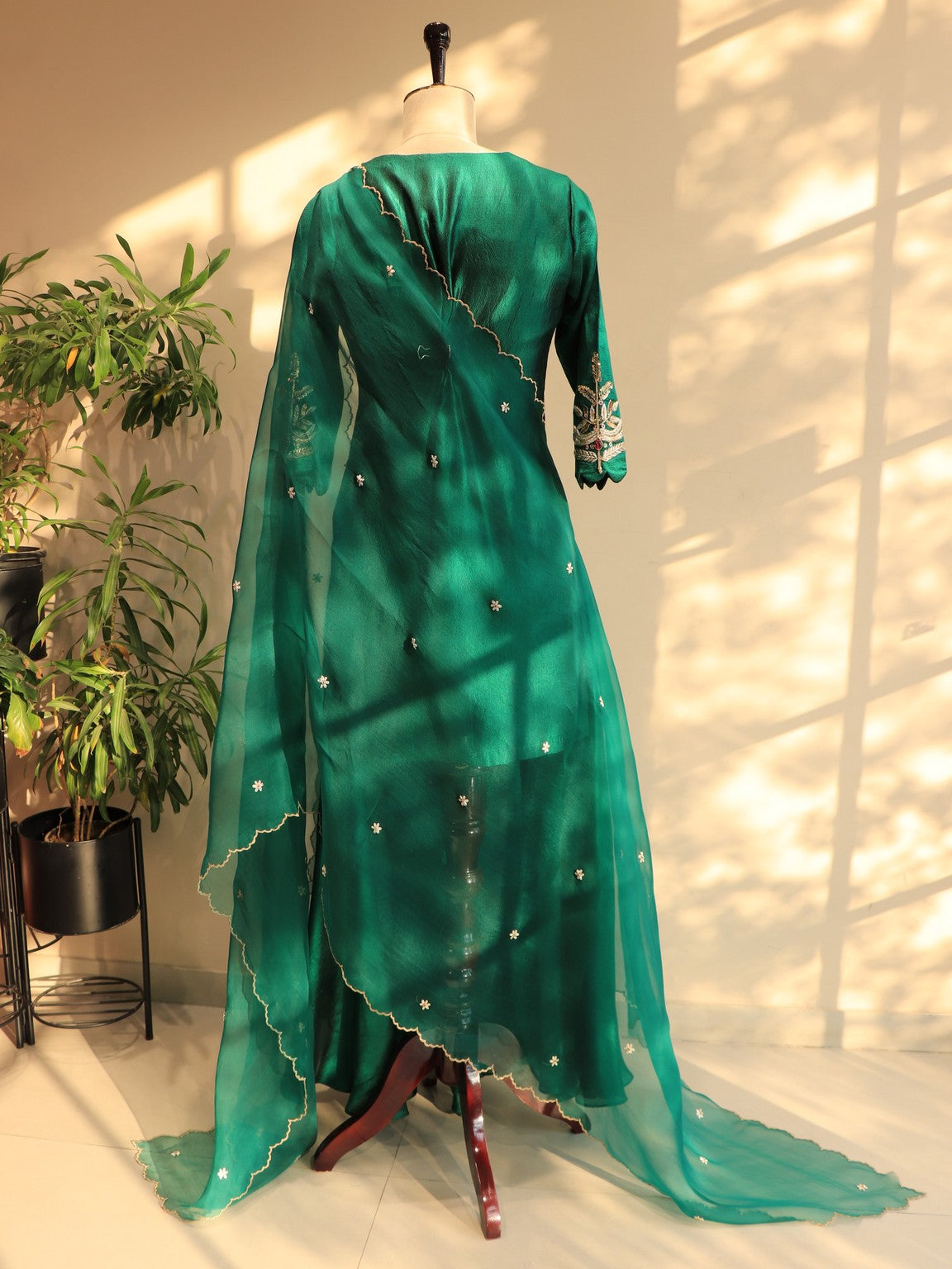 Bottle green embroidered kurta plazo dupatta