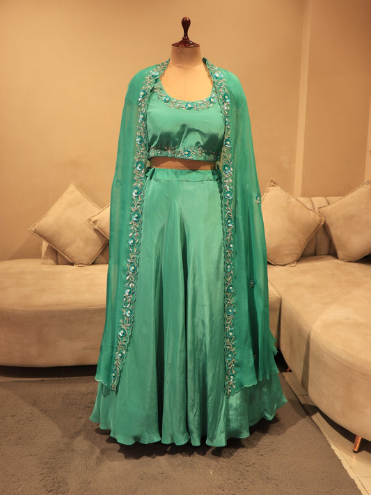 sea green crop top skirt cape