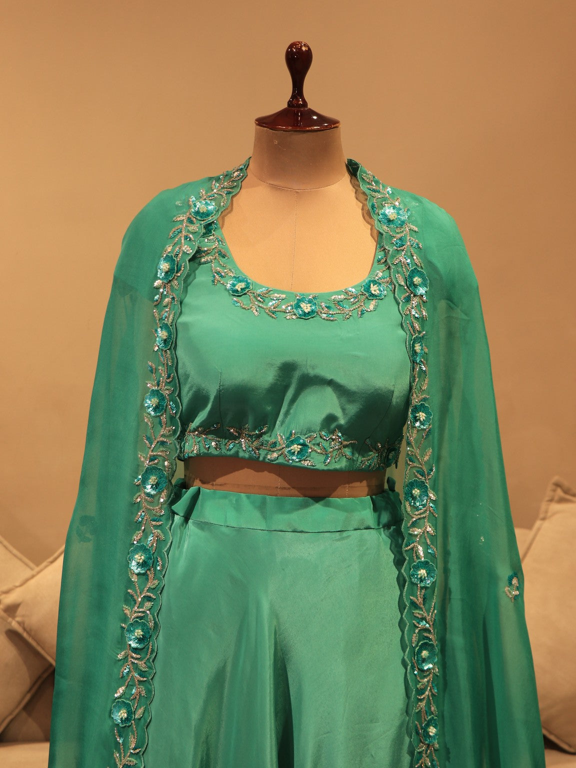 sea green crop top skirt cape