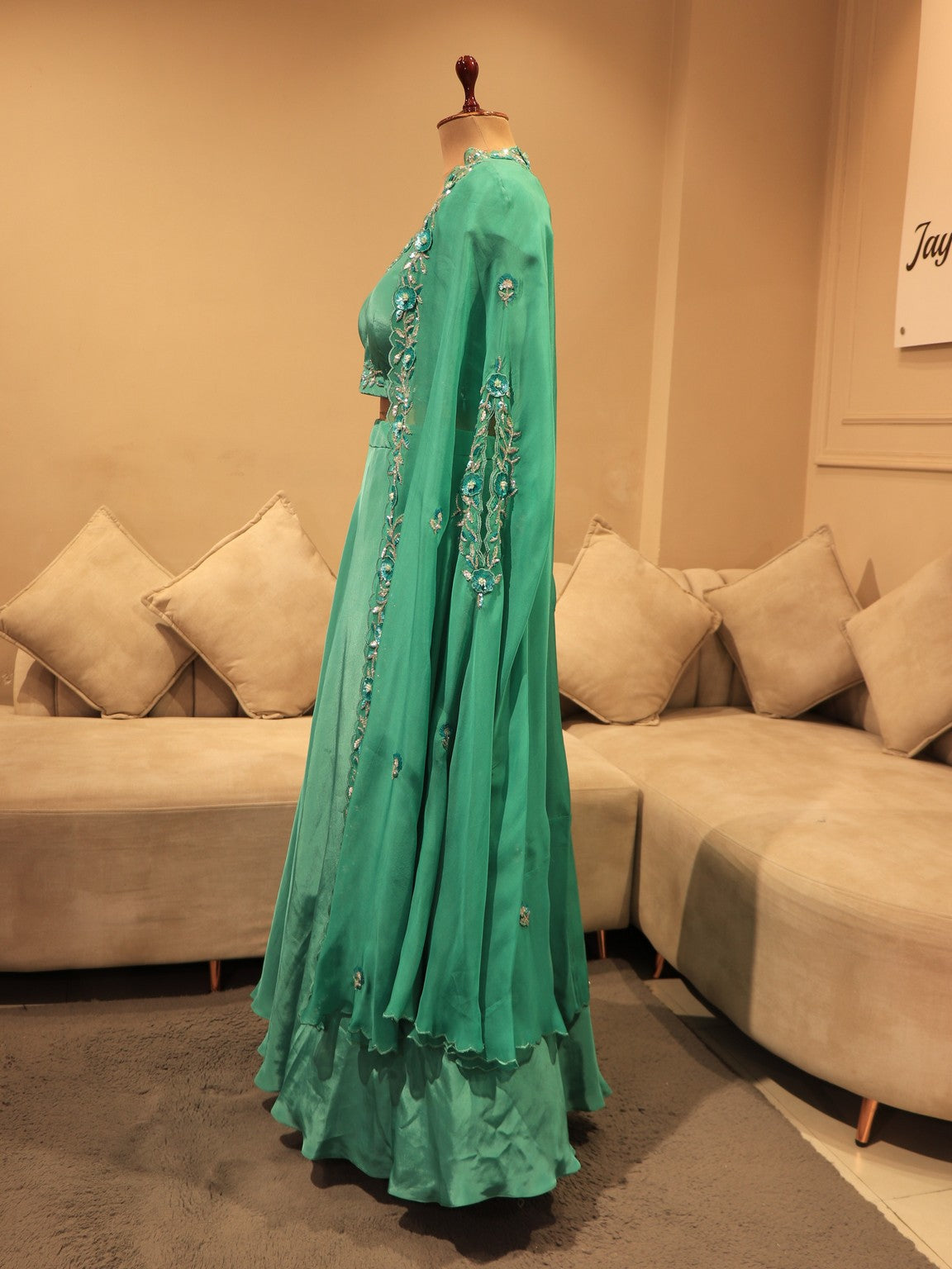 sea green crop top skirt cape