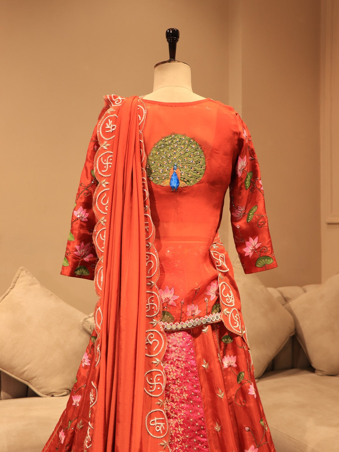 Rust orange hand painted peacock lehenga