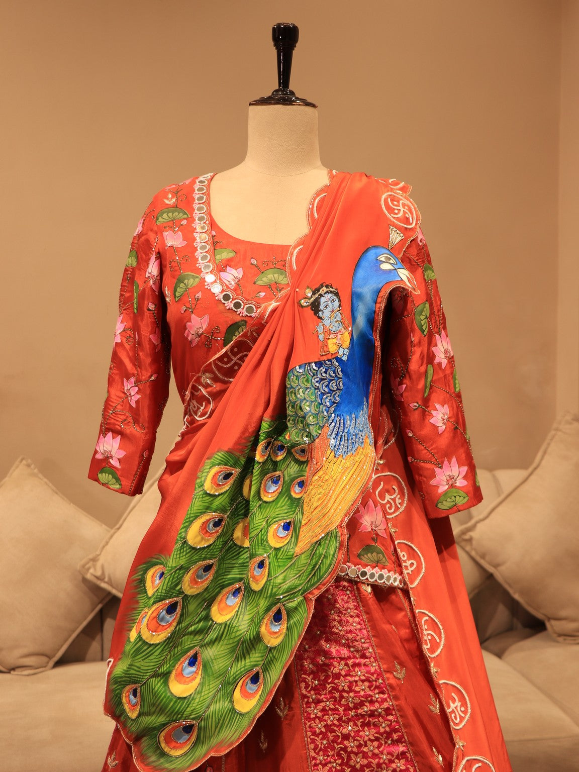 Rust orange hand painted peacock lehenga
